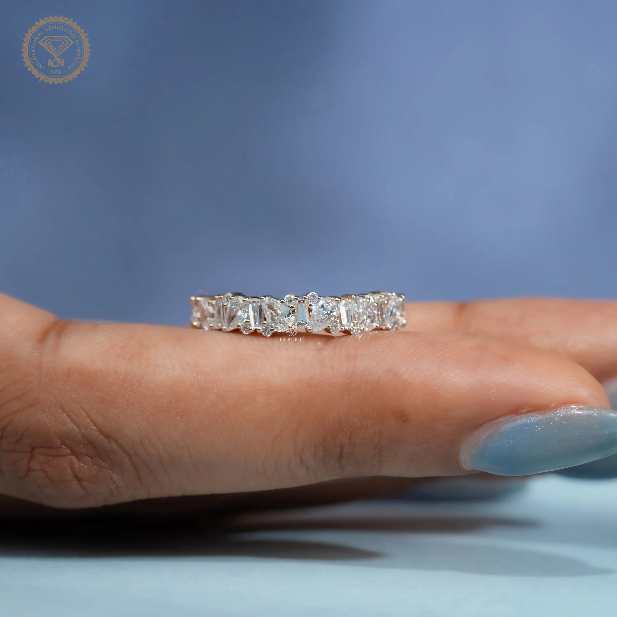 Pear and Baguette Lab Grown Diamond Wedding Band, Mixed Shape Diamond Half Eternity Ring — view 9