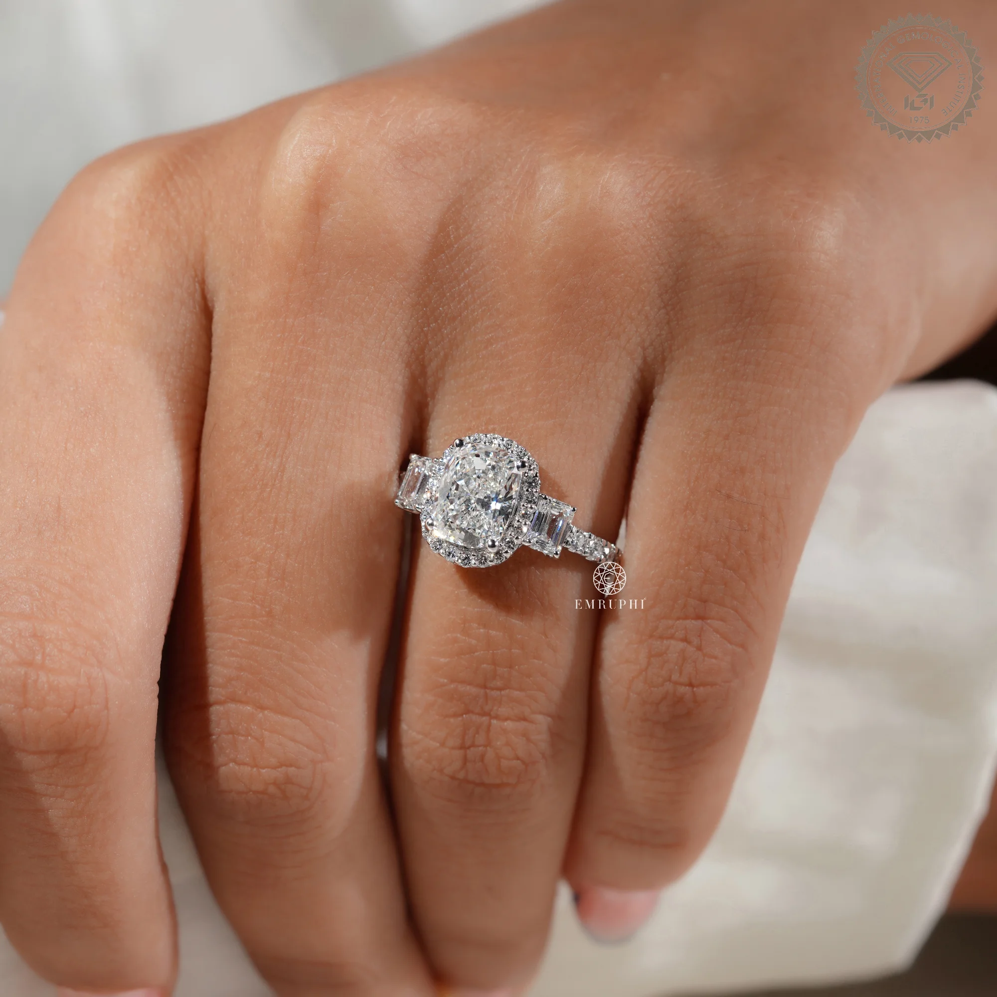 Cushion Cut Diamond Halo Engagement Ring, Trapezoid Side Stones, IGI Certified — view 6