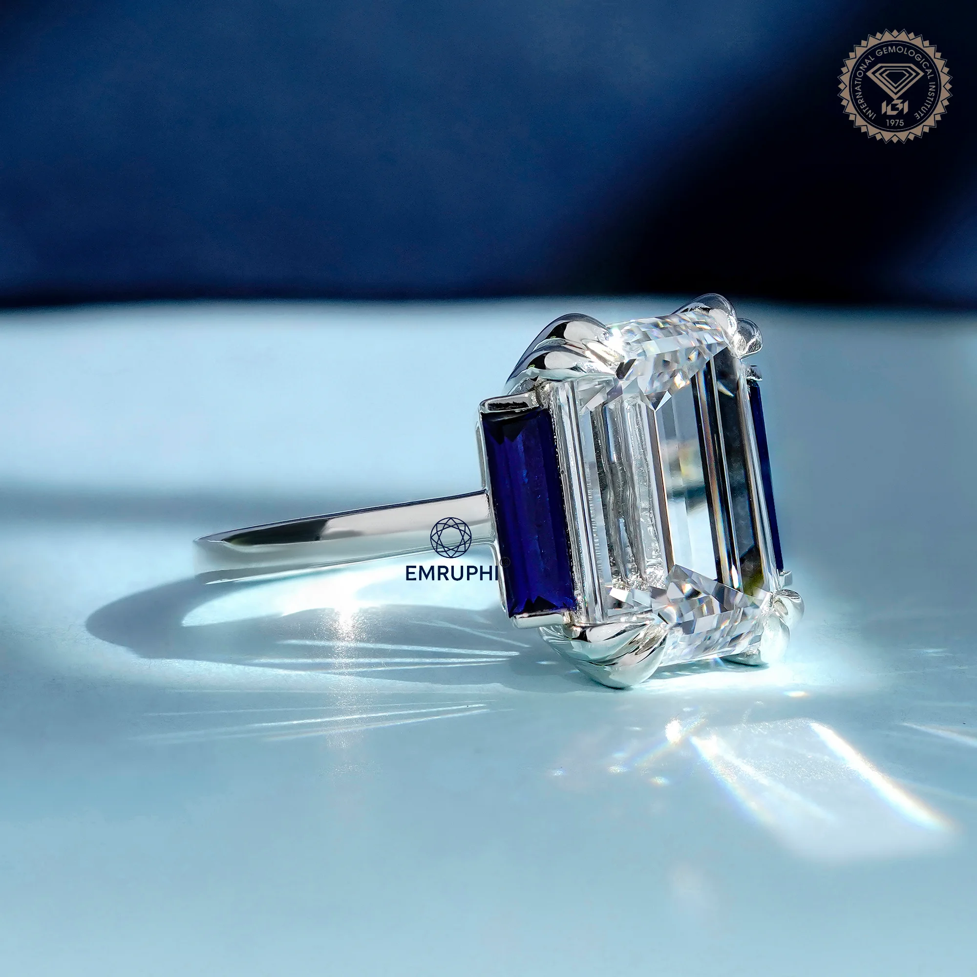 6 CT Emerald Cut Three Stone Engagement Ring with Sapphire Side Stones, Lab Grown Diamond Ring, Vintage Bridal Ring — view 3