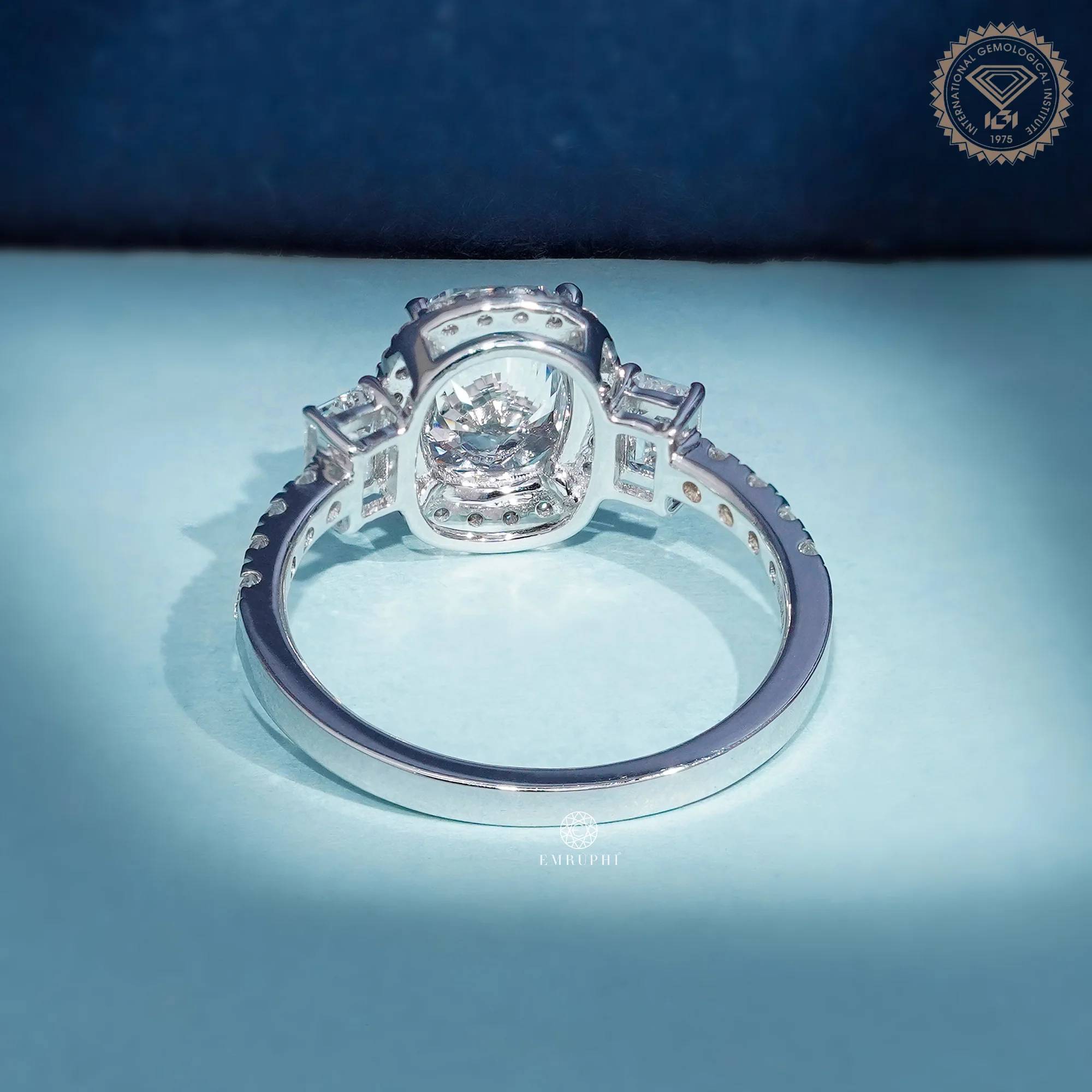 Cushion Cut Diamond Halo Engagement Ring, Trapezoid Side Stones, IGI Certified — view 4