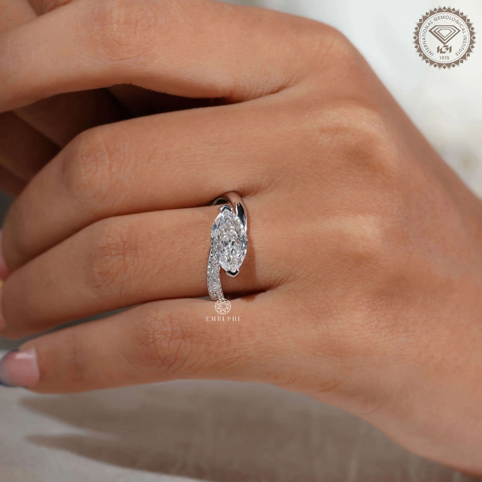 East to West Marquise Cut Diamond Engagement Ring with Bypass Setting, Wedding Ring For Women — view 7