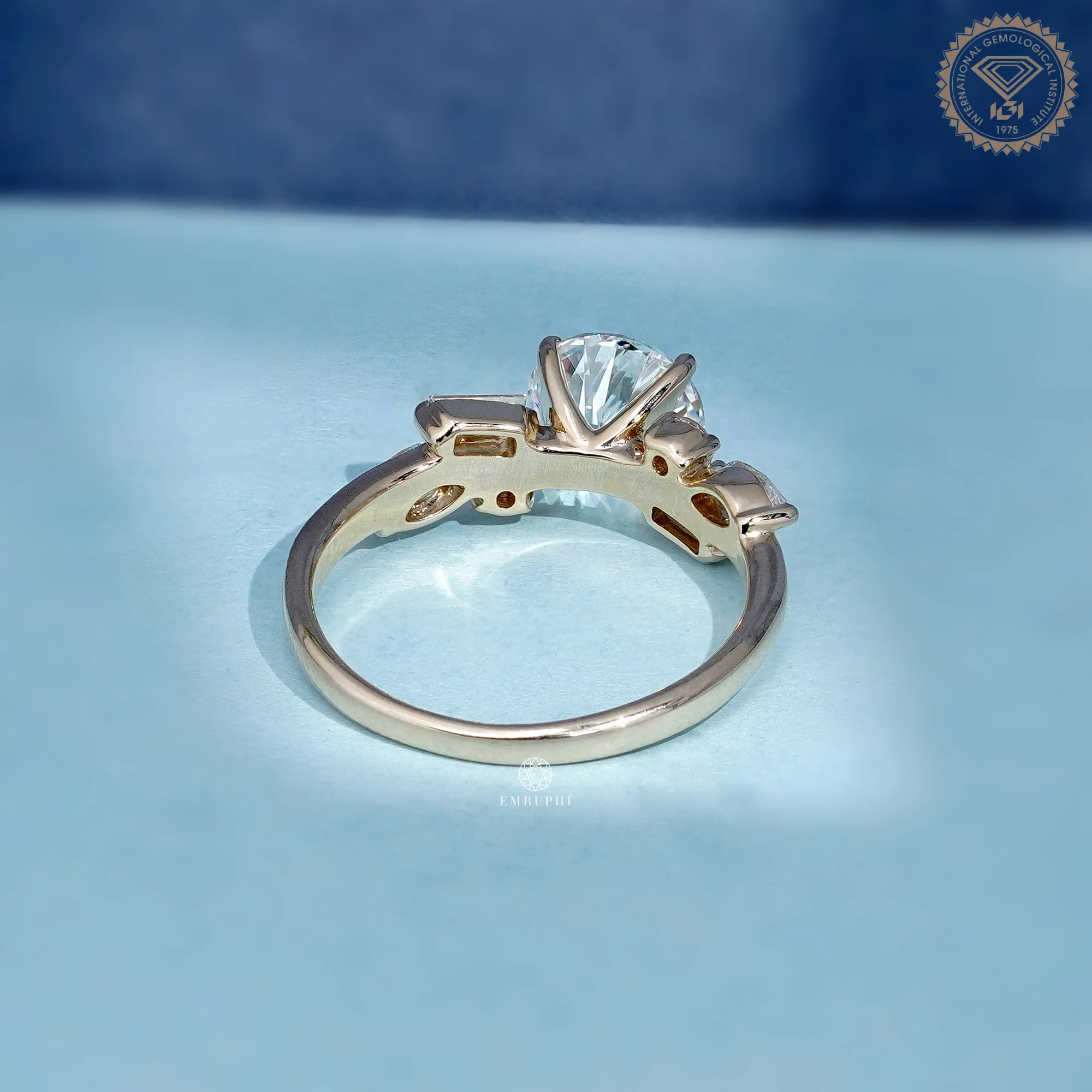 Round Cut Lab Grown Diamond Ring, Multi Shape Cluster Engagement Ring, Pear Baguette Accents — view 4