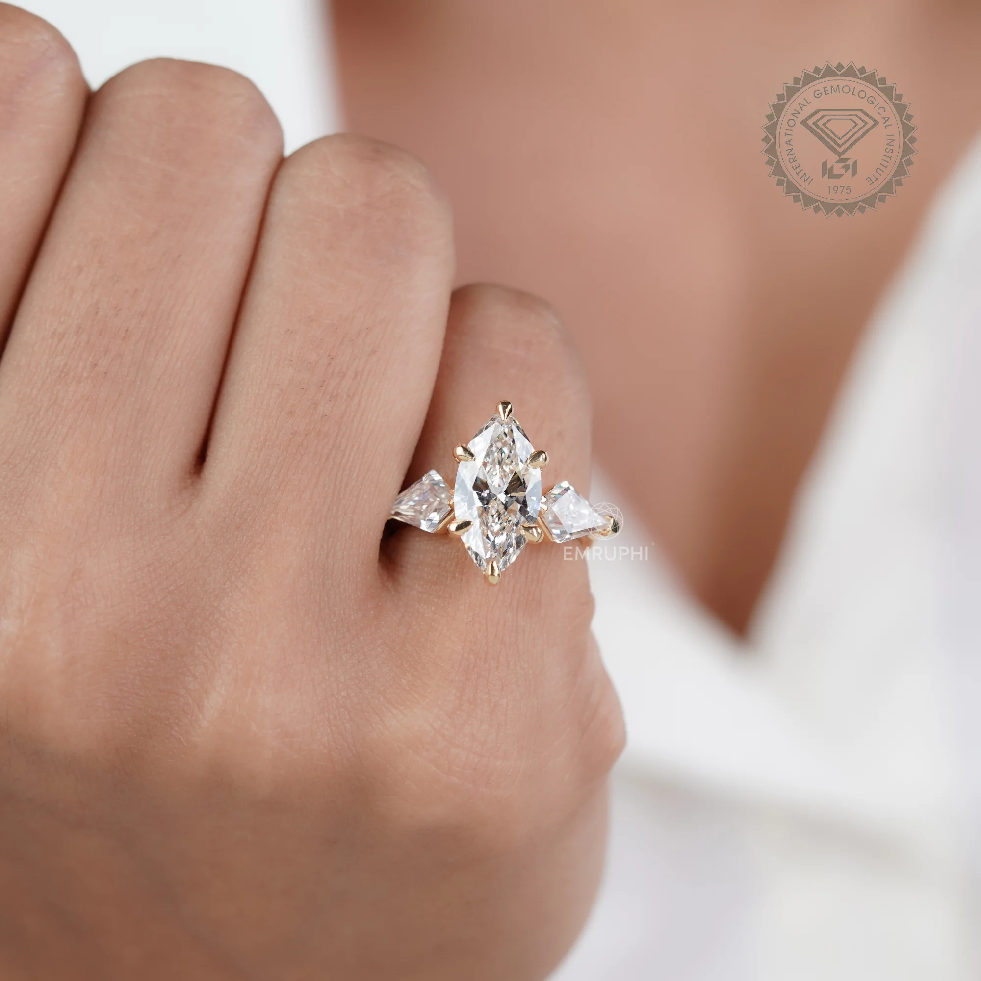 3 CT Marquise Lab Diamond Ring, Kite Side Stones, 14K Gold Wedding Ring — view 17