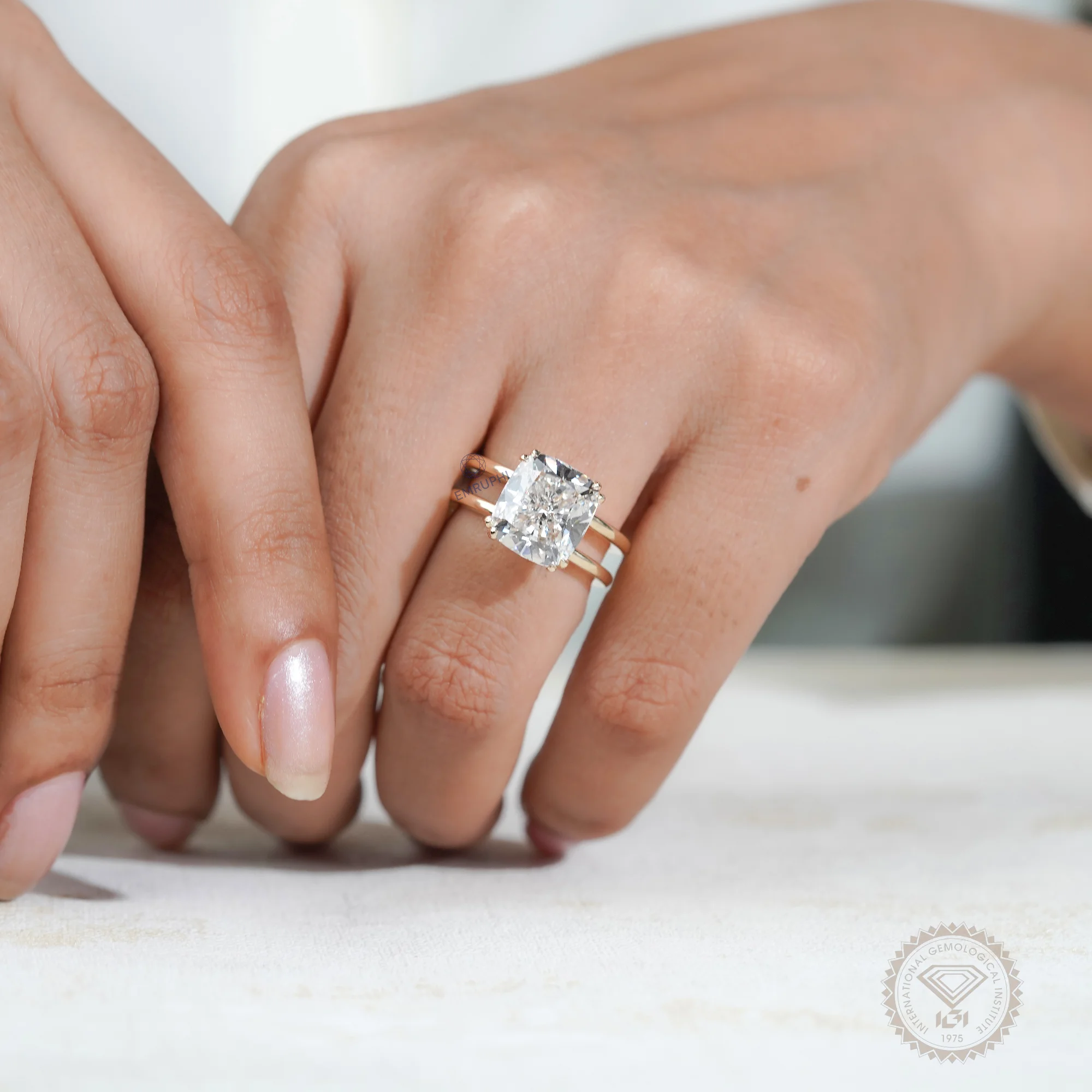 6 Carat Cushion Lab Grown Diamond Engagement Ring, Gold Solitaire Ring — view 9