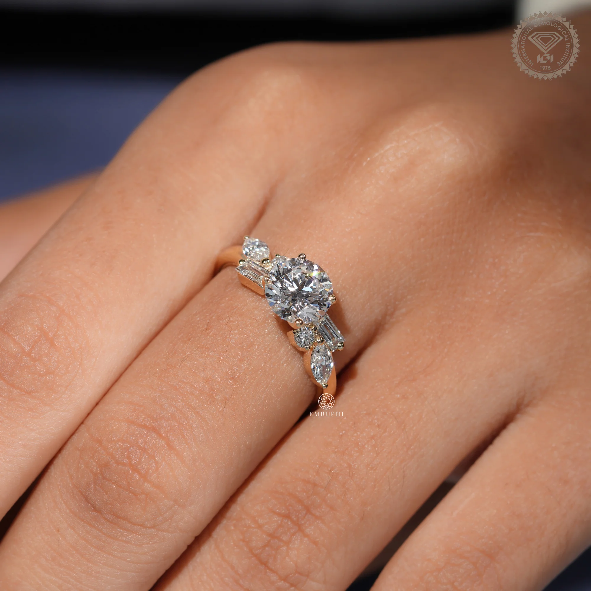 Round Cut Lab Grown Diamond Ring, Multi Shape Cluster Engagement Ring, Pear Baguette Accents — view 10