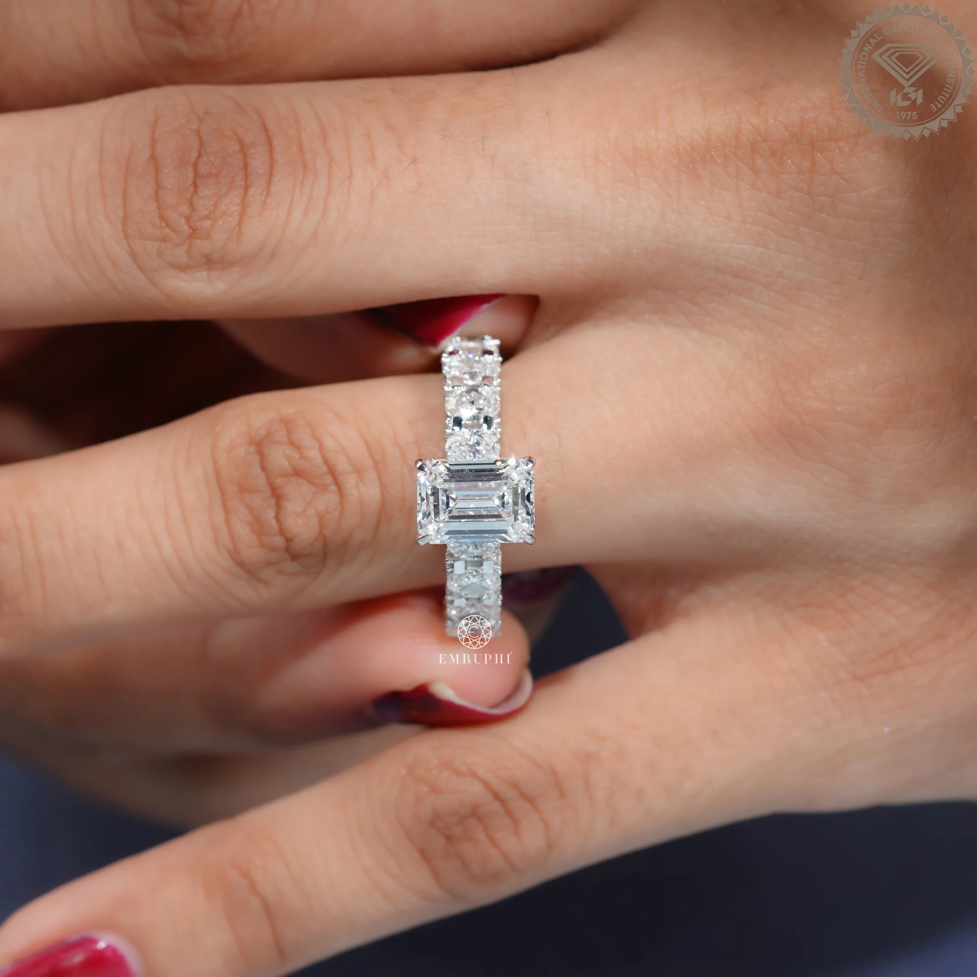 Emerald Cut Lab Grown Diamond Engagement Ring, Diamond Eternity Band — view 7