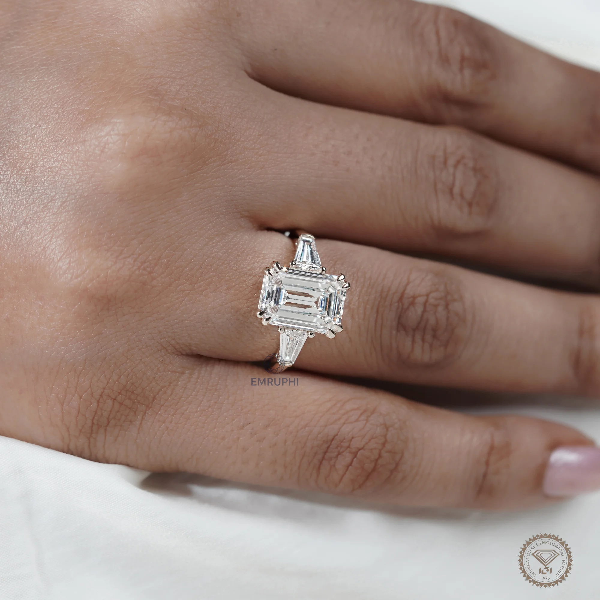 5 Carat Emerald Cut Lab Grown Diamond Engagement Ring , Trapezoid Side Stones — view 7