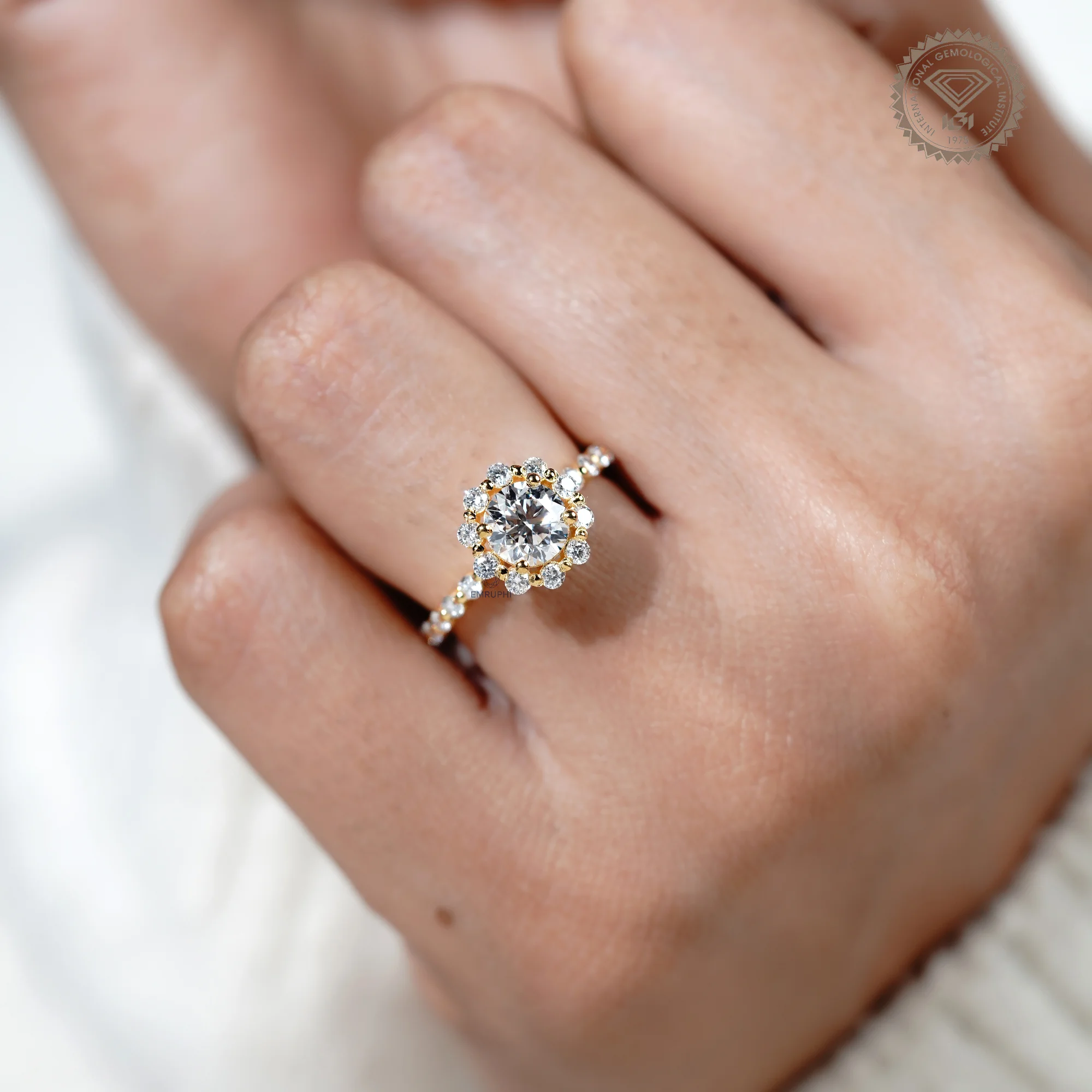 1.00 CT Round Lab Grown Diamond Halo Engagement Ring, 18k Gold Wedding Band — view 9
