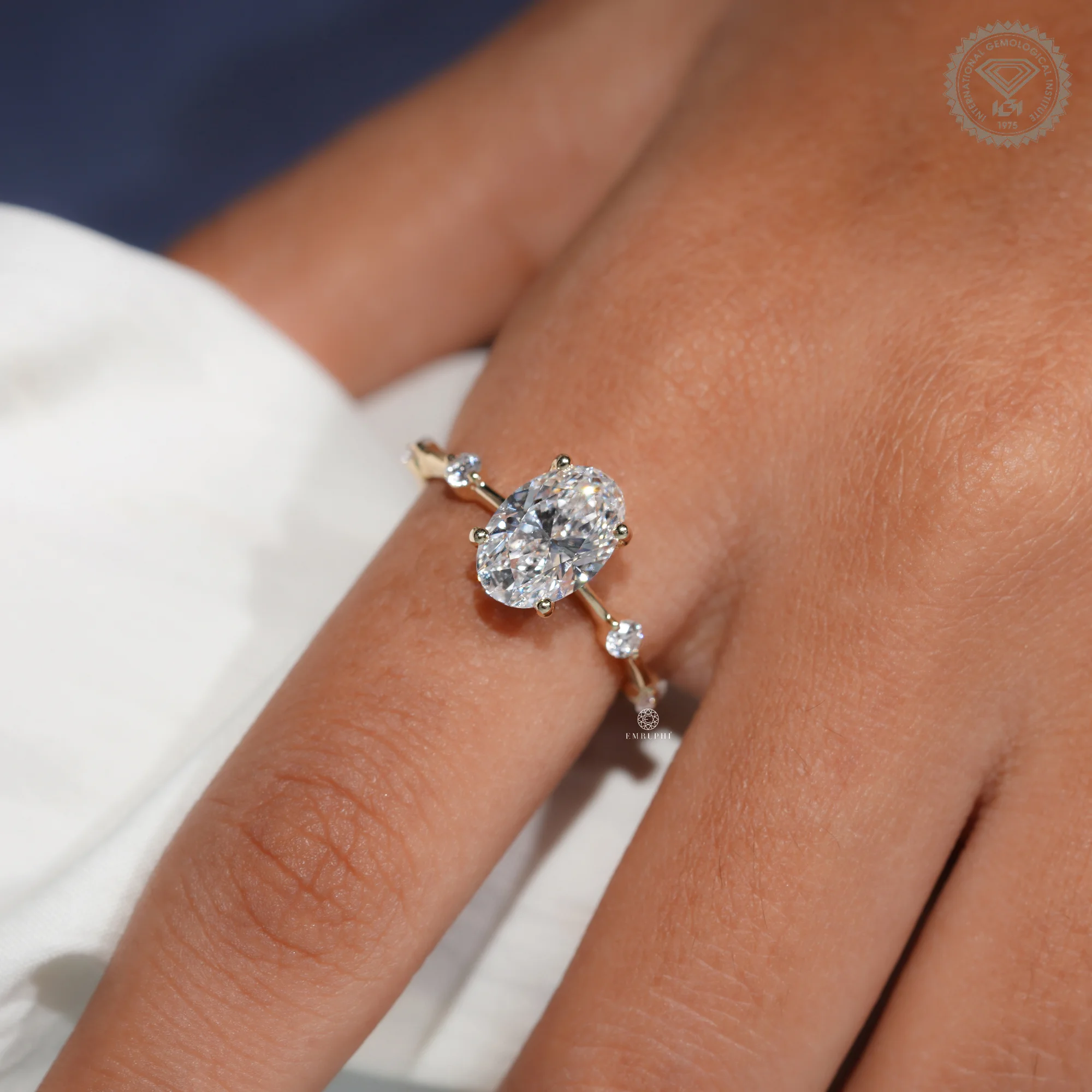 Oval Cut Lab Grown Diamond Engagement Ring, Distance Band Oval Ring, Floating Diamond Shank — view 12