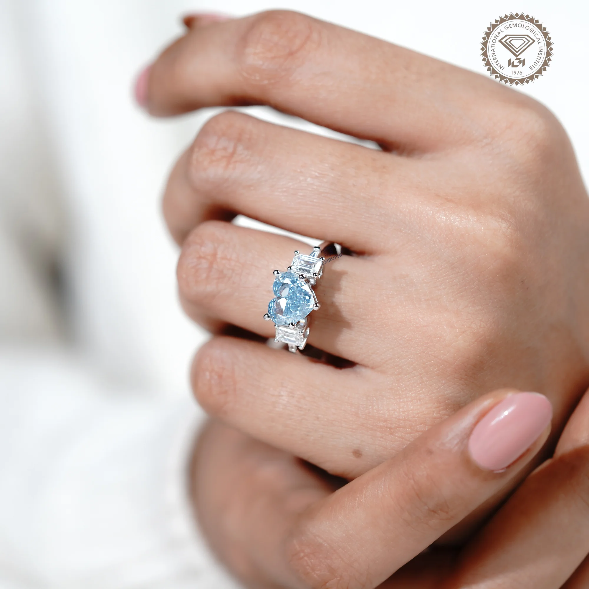 Heart Cut Vivid Blue Lab Diamond Ring, 14k Gold Emerald Accented Engagement Ring — view 8