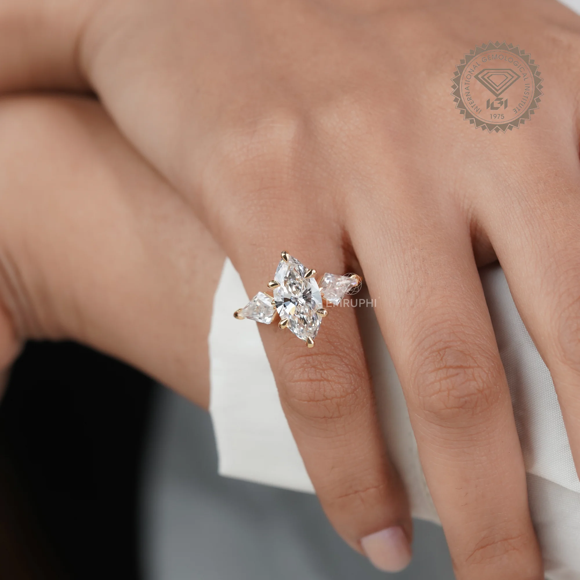 3 CT Marquise Lab Diamond Ring, Kite Side Stones, 14K Gold Wedding Ring — view 13