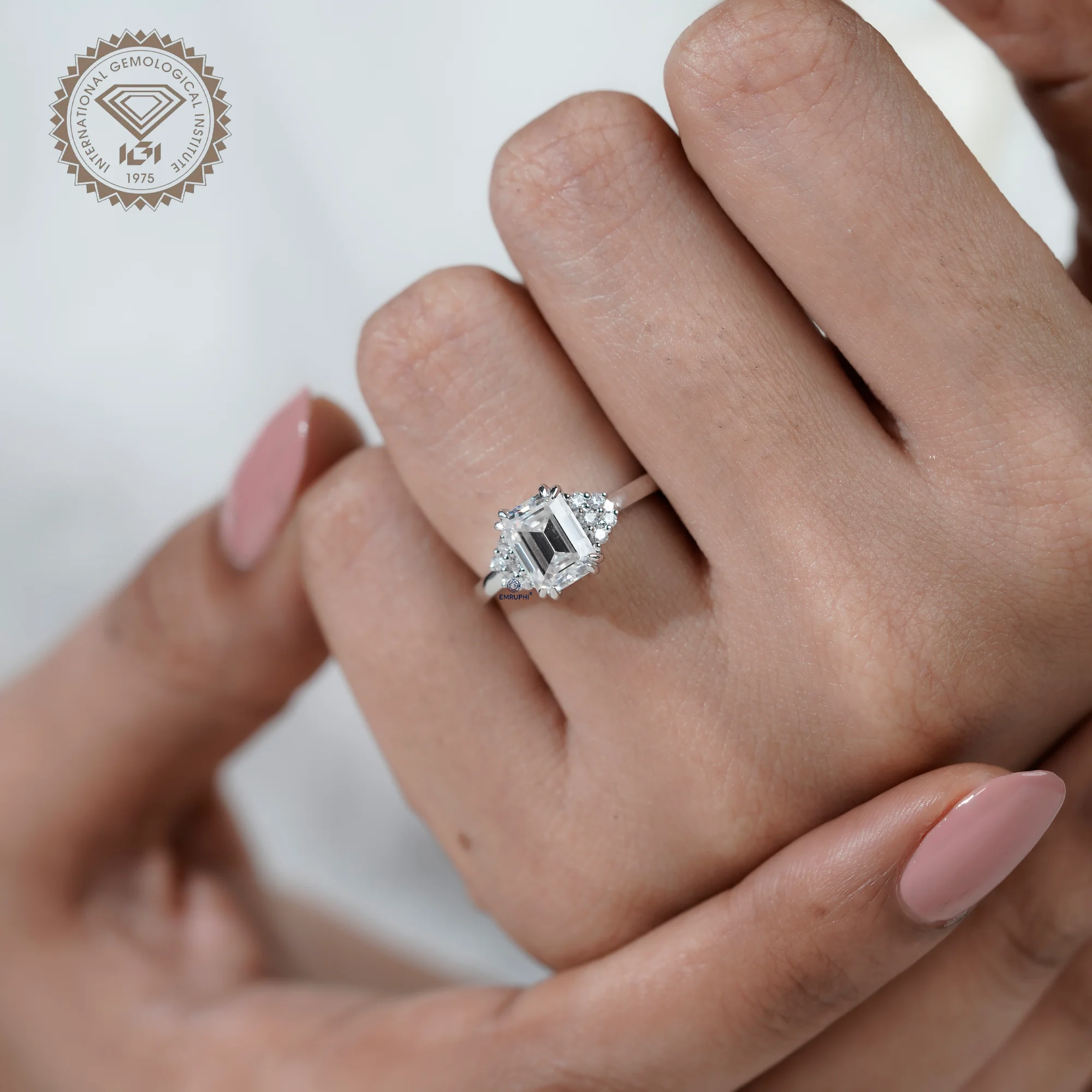 Emerald Cut Labgrown Diamond Engagement Ring, 14k White Gold Snowdrift Cluster Proposal Ring — view 9