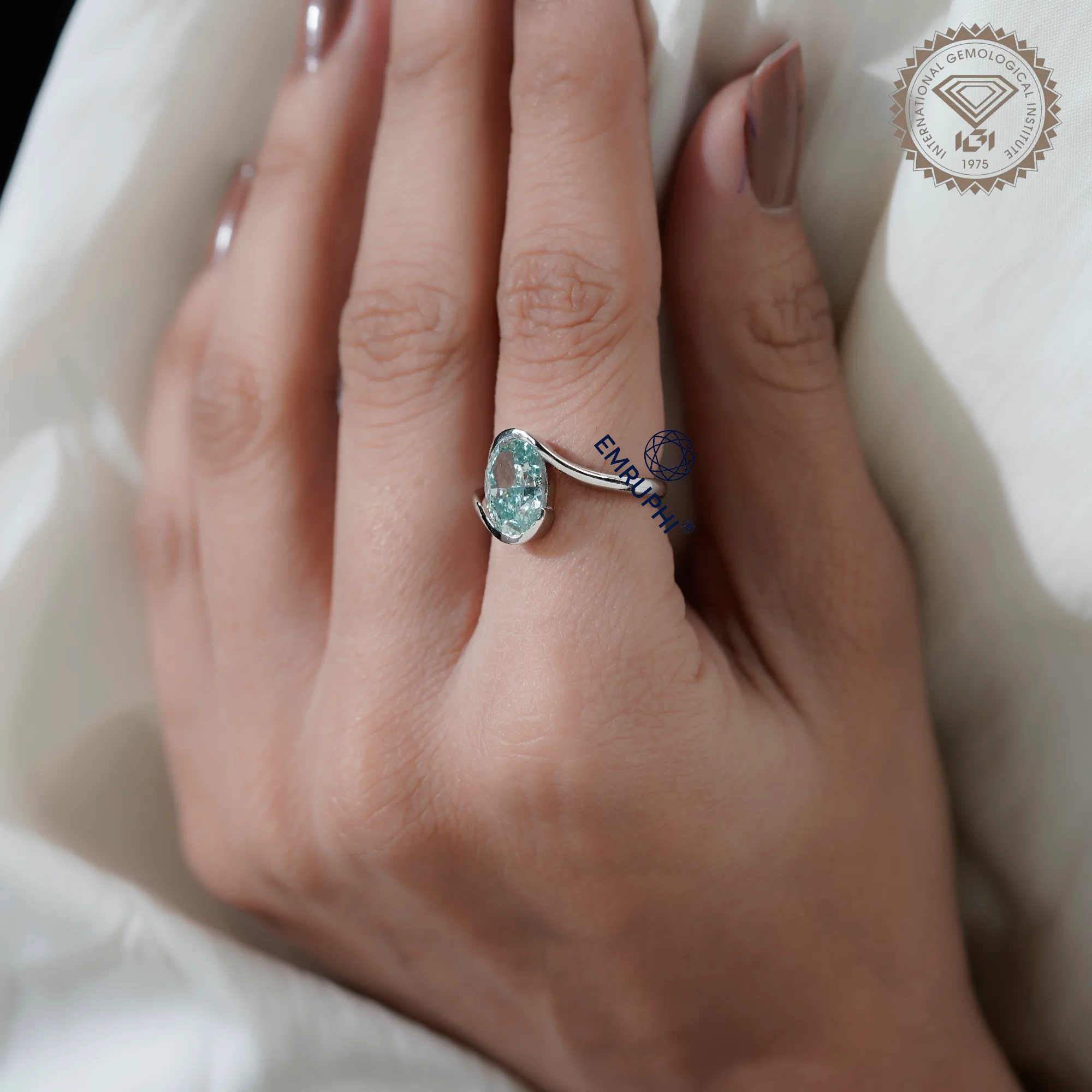 Oval Cut Lab Grown Diamond Ring, 14k White Gold, Antique Greenish Colording Ring — view 10