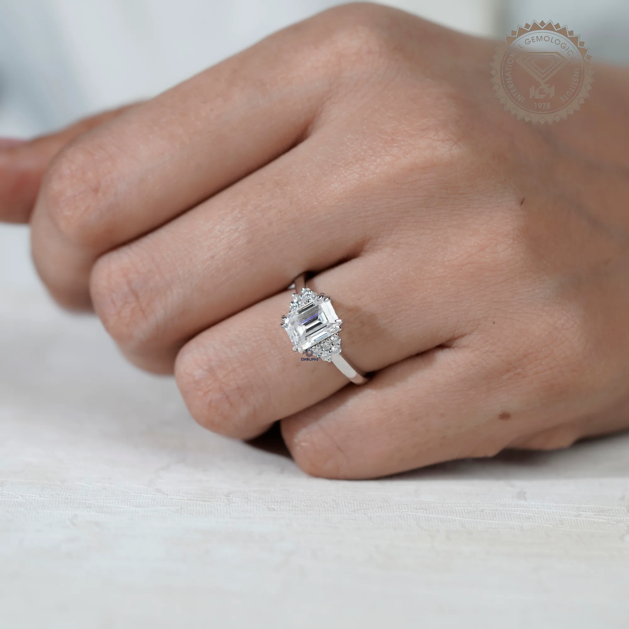 Emerald Cut Labgrown Diamond Engagement Ring, 14k White Gold Snowdrift Cluster Proposal Ring — view 10