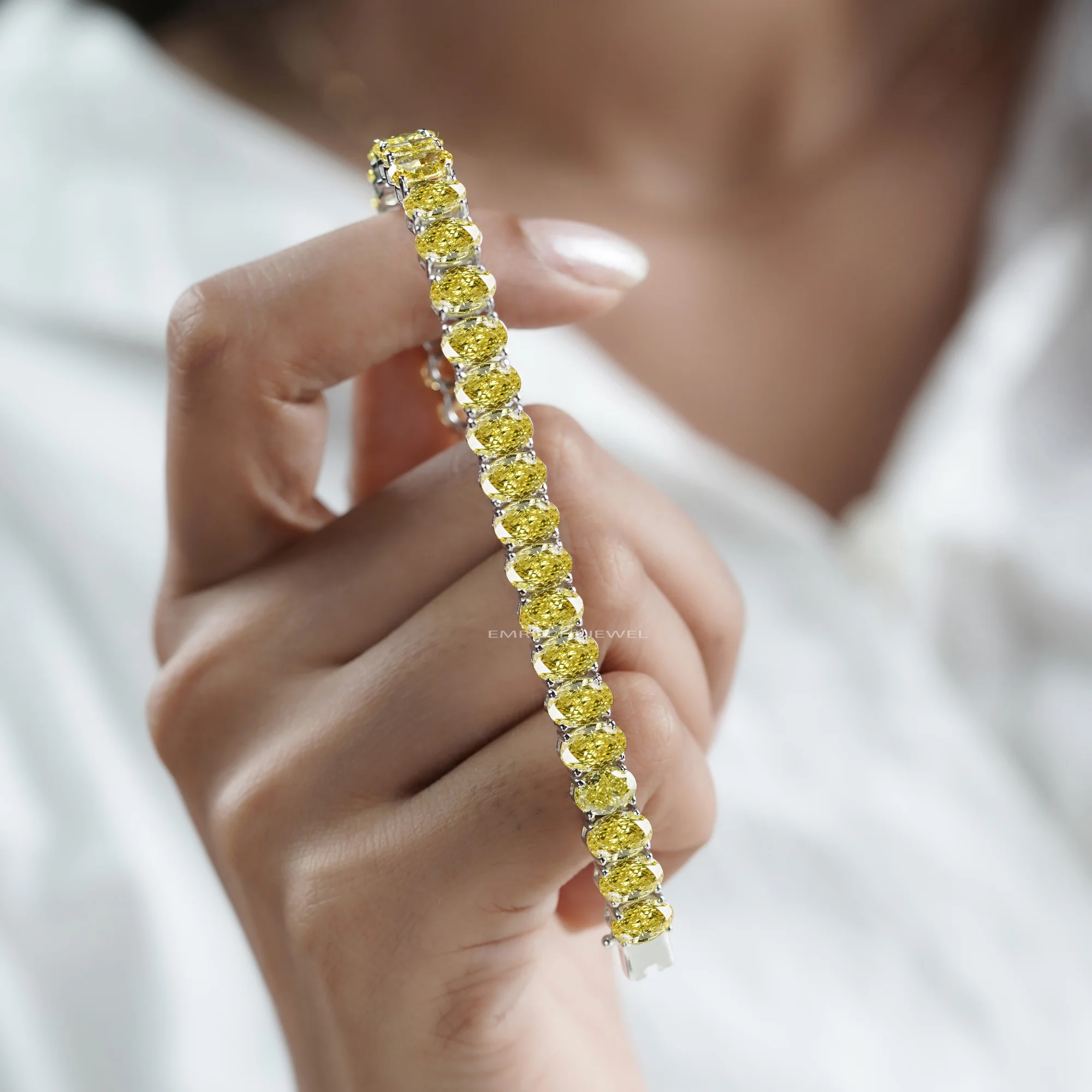Yellow Oval Lab Grown Diamond Tennis Bracelet, Oval Cut Solitaire Tennis Bracelet in Gold — view 8