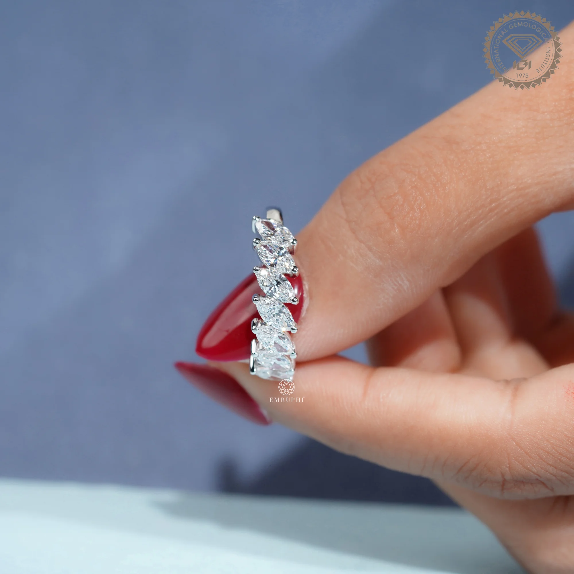 Marquise Cut Lab Grown Diamond Half Eternity Ring, Angled Marquise Wedding Band — view 7