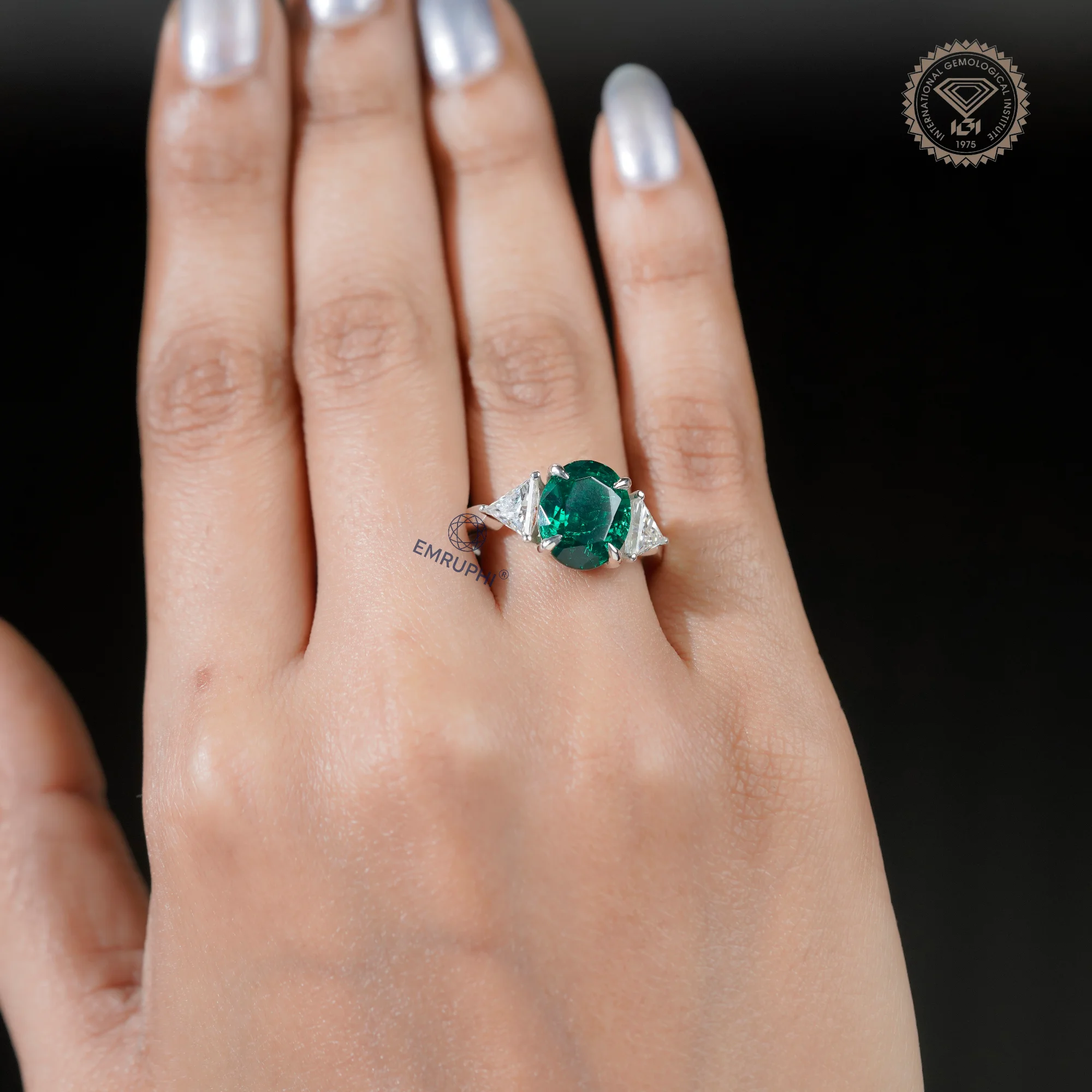 4.5 CT Oval Green Lab Grown Diamond Ring, Trillion Moissanite Sides — view 12