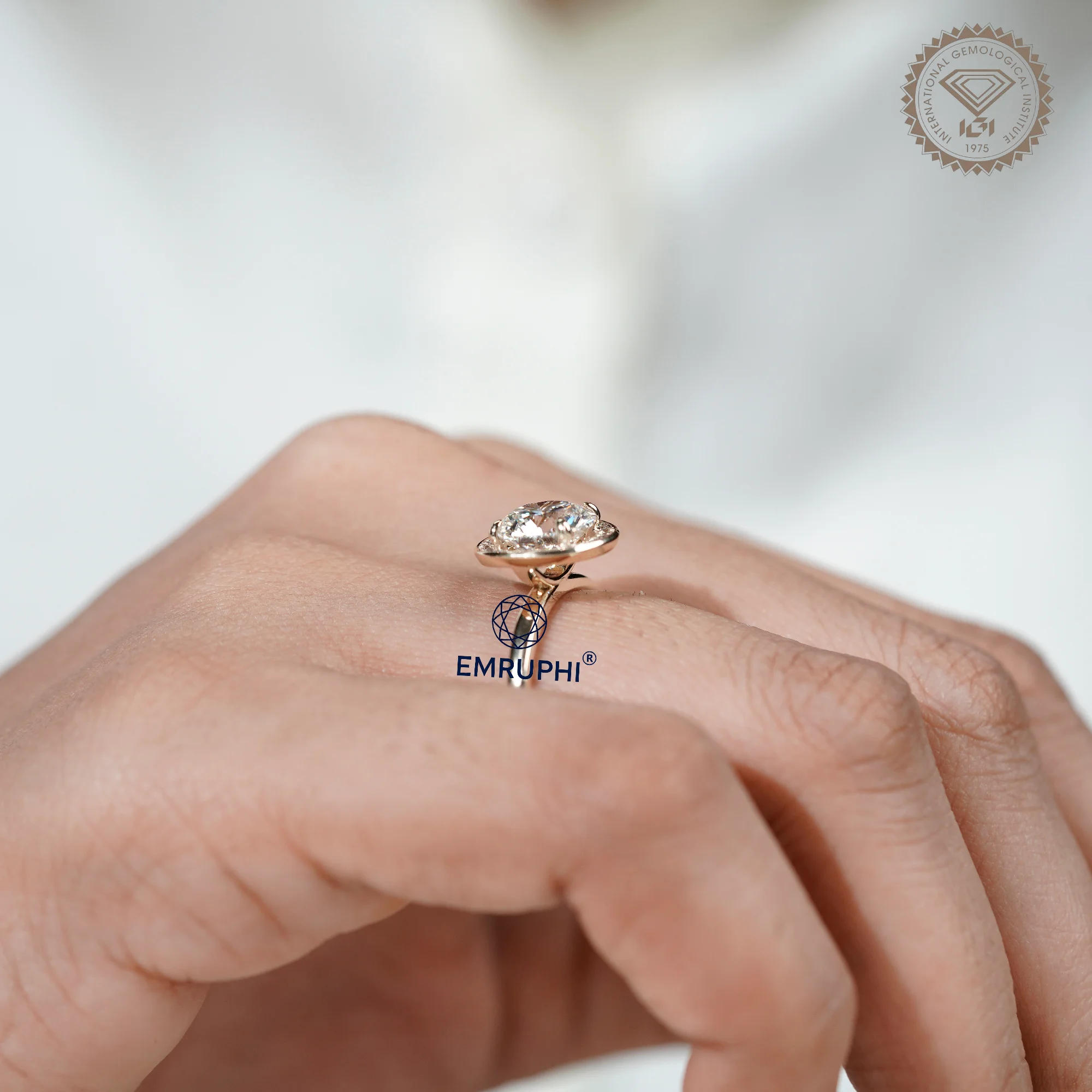 Round Cut Halo Engagement Ring in 14k Gold, Bezel Set Wedding Ring — view 10
