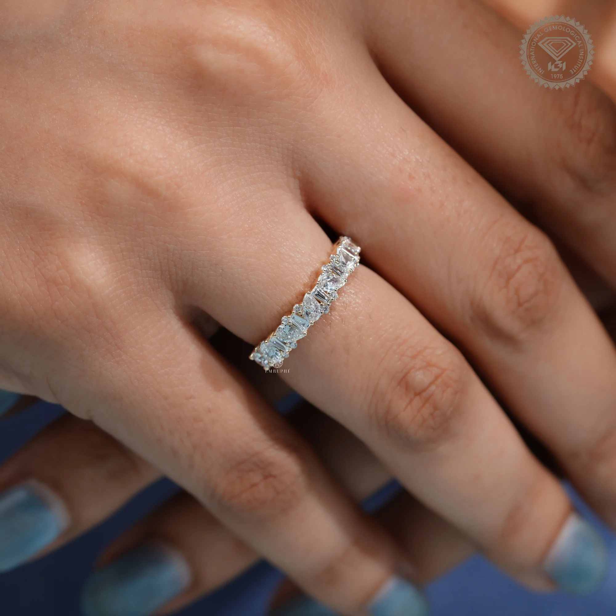 Pear and Baguette Lab Grown Diamond Wedding Band, Mixed Shape Diamond Half Eternity Ring — view 13