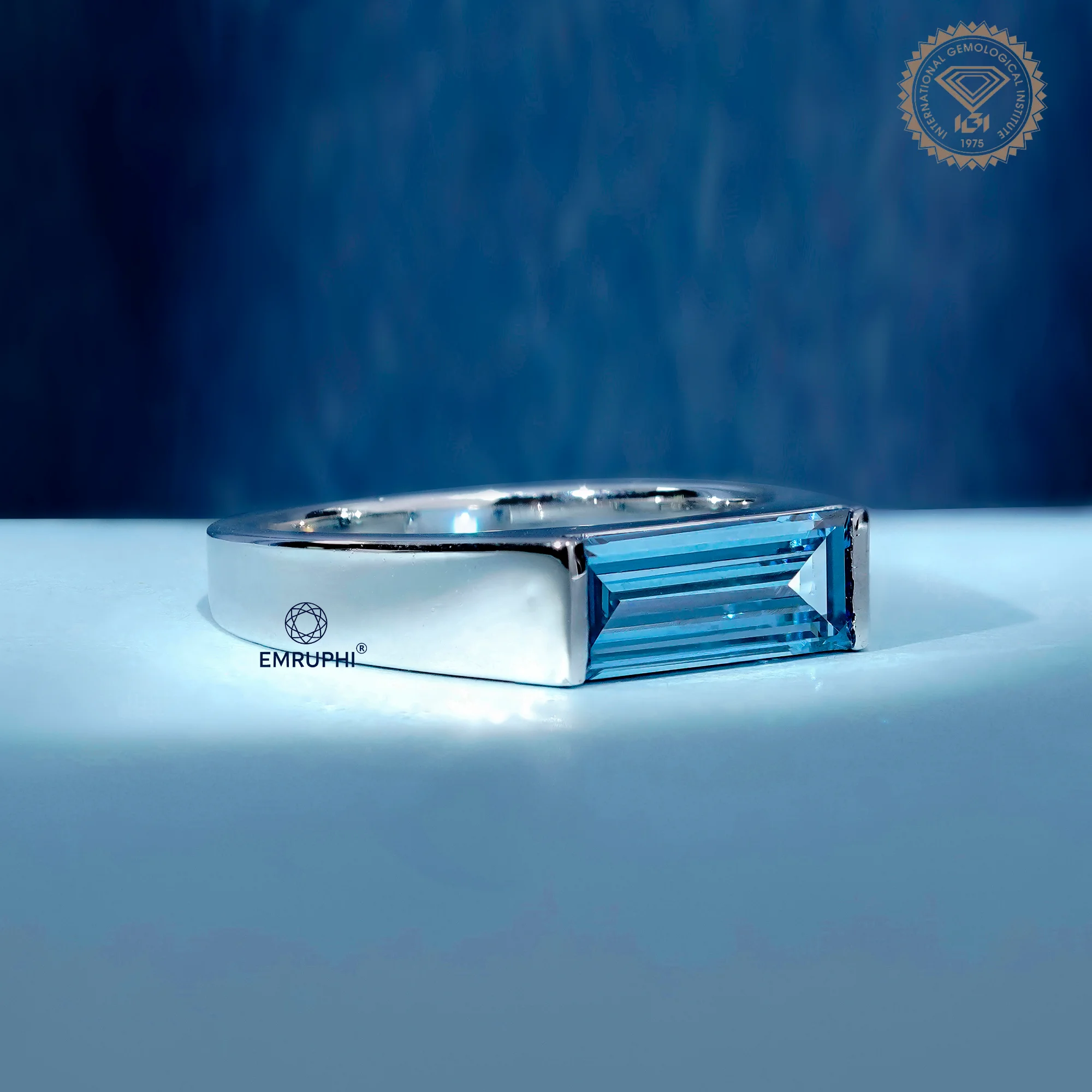 Baguette Cut Vivid Blue Lab Diamond Ring, Baguette Diamond Signet Ring, — view 3