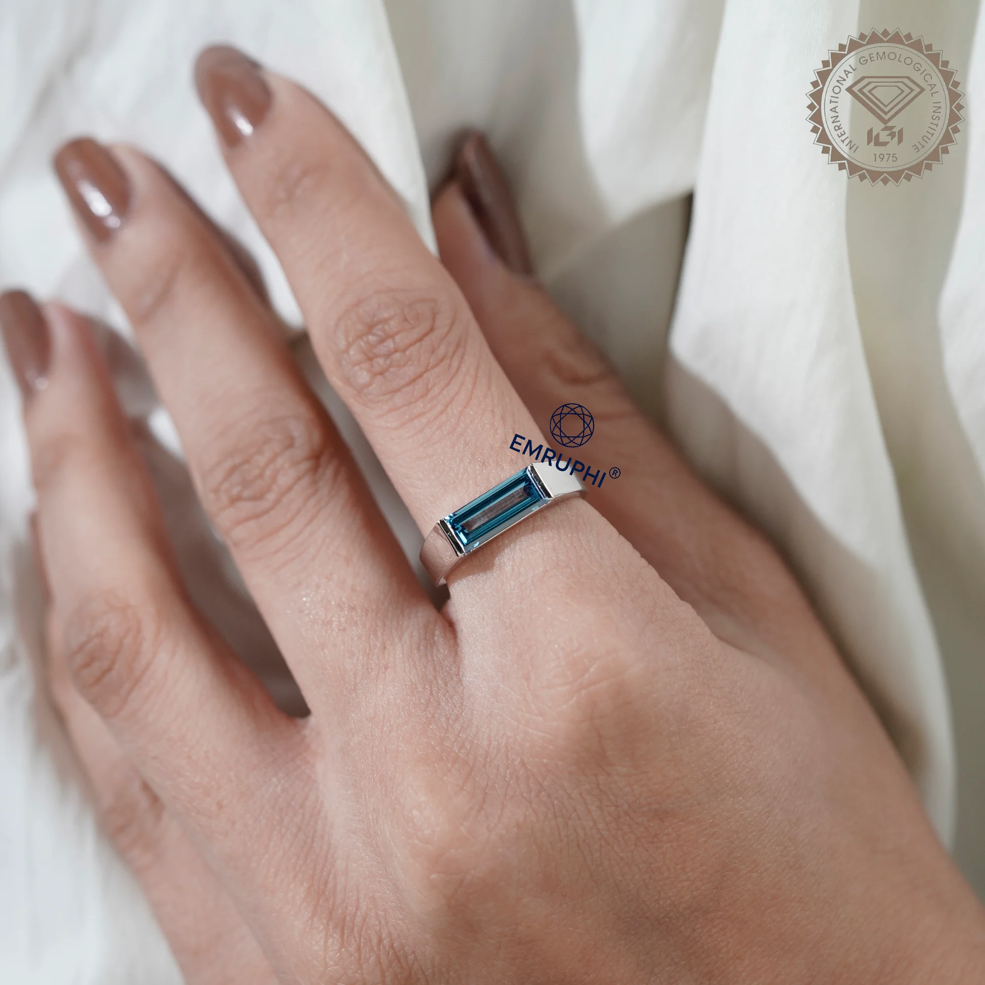 Baguette Cut Vivid Blue Lab Diamond Ring, Baguette Diamond Signet Ring, — view 10