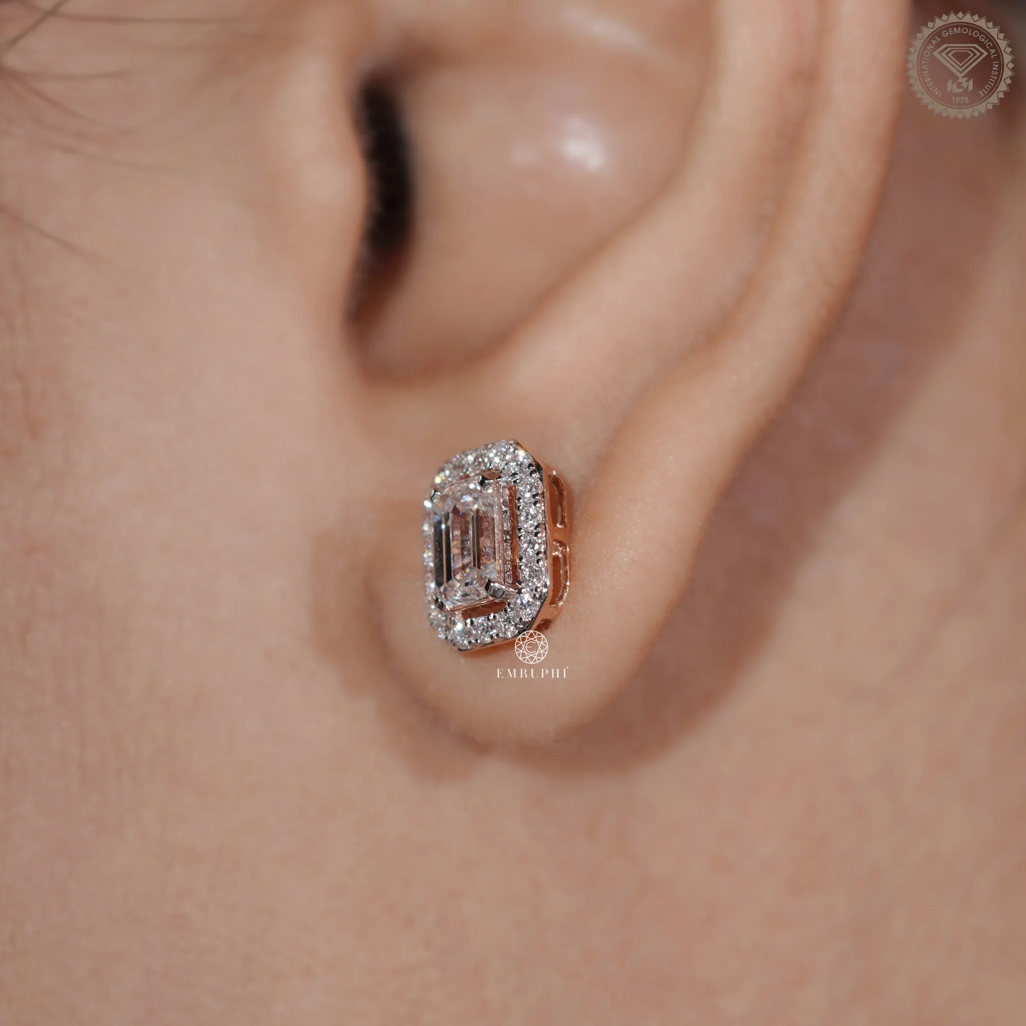 Emerald Cut Lab Grown Diamond Halo Earrings, Rose Gold Two Tone Studs — view 5