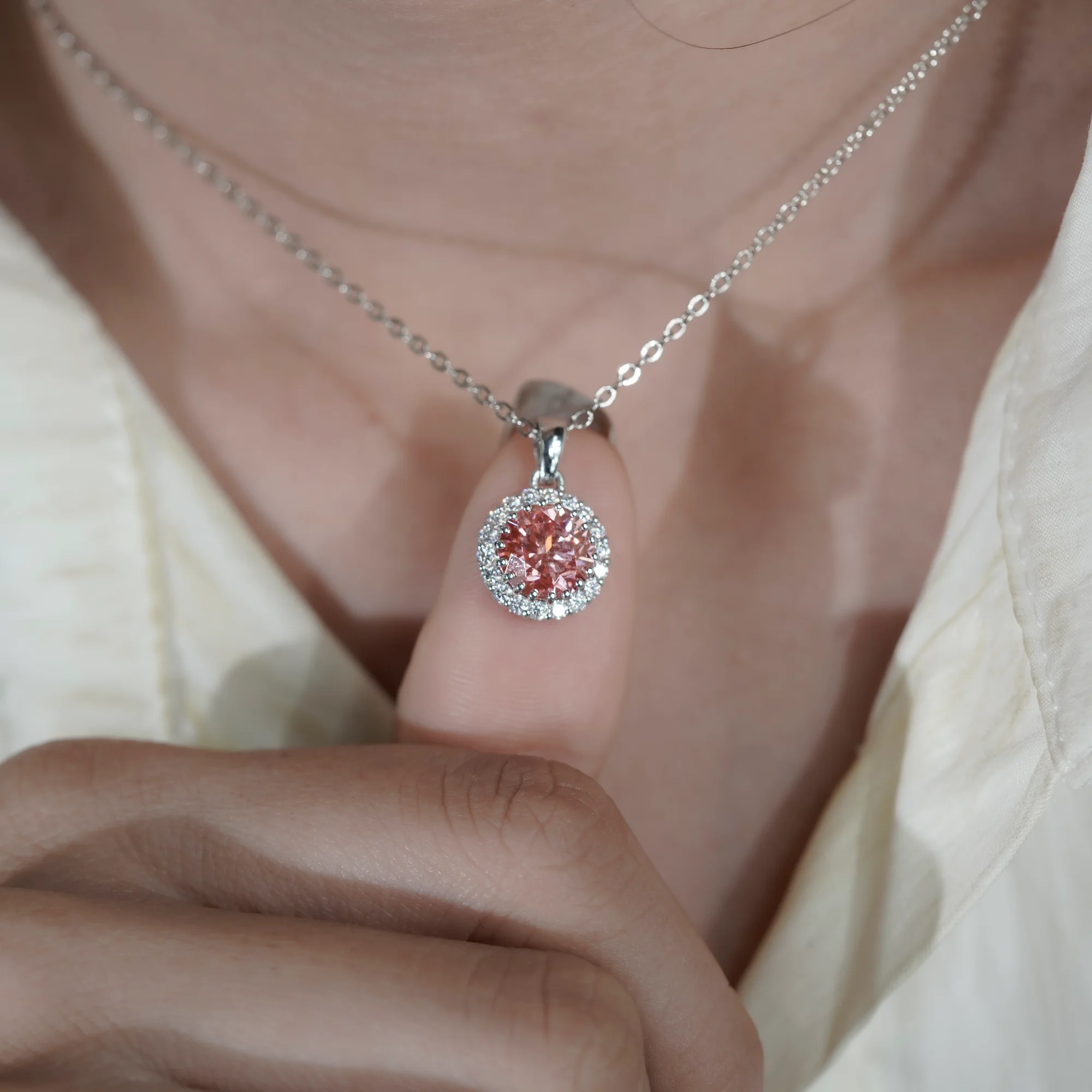 Vivid Pink Round Halo Pendant, Certified Lab Grown Diamond — view 11