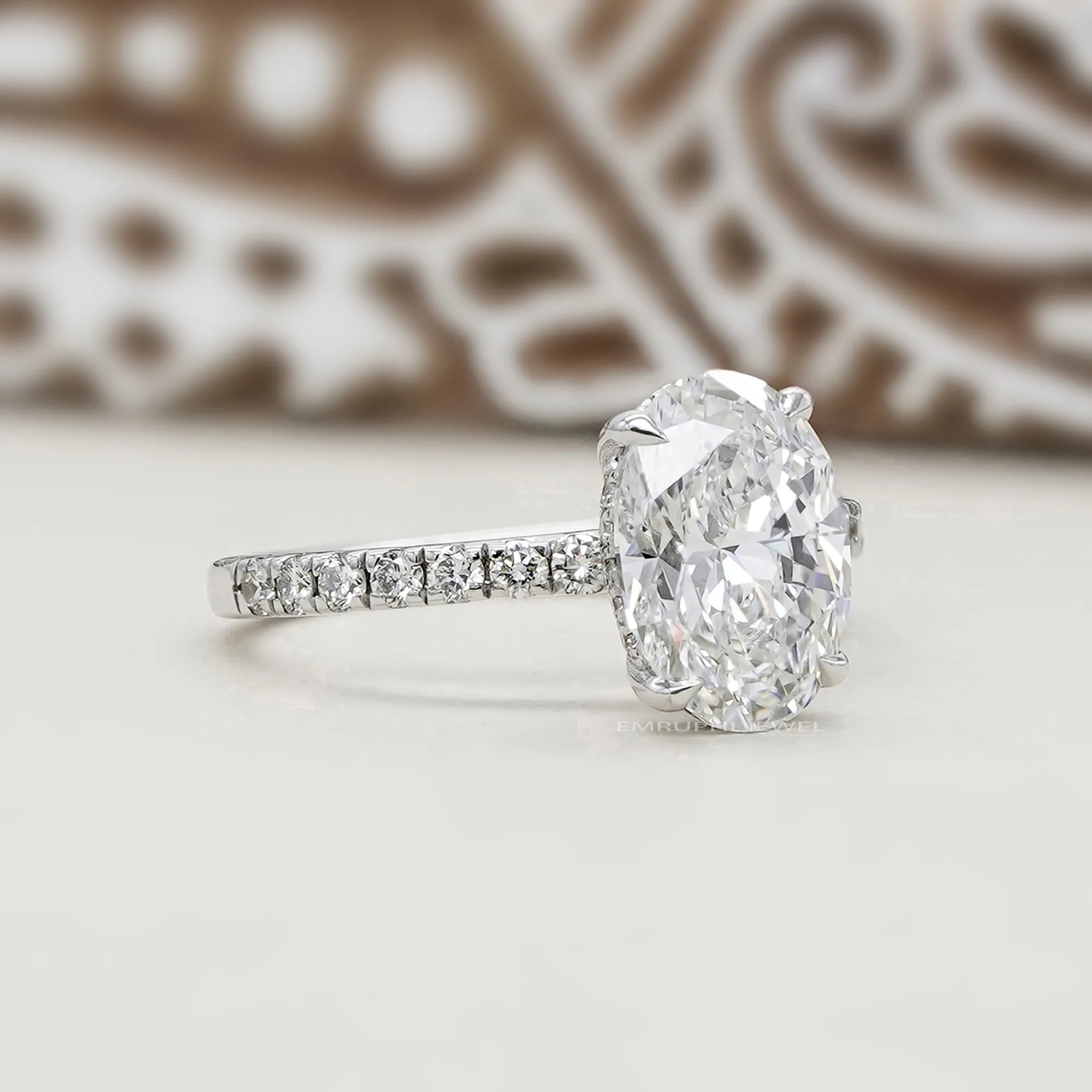 2 CT Oval Lab Grown Diamond Engagement Ring, 14k Gold Pave Band, IGI Certified — view 4
