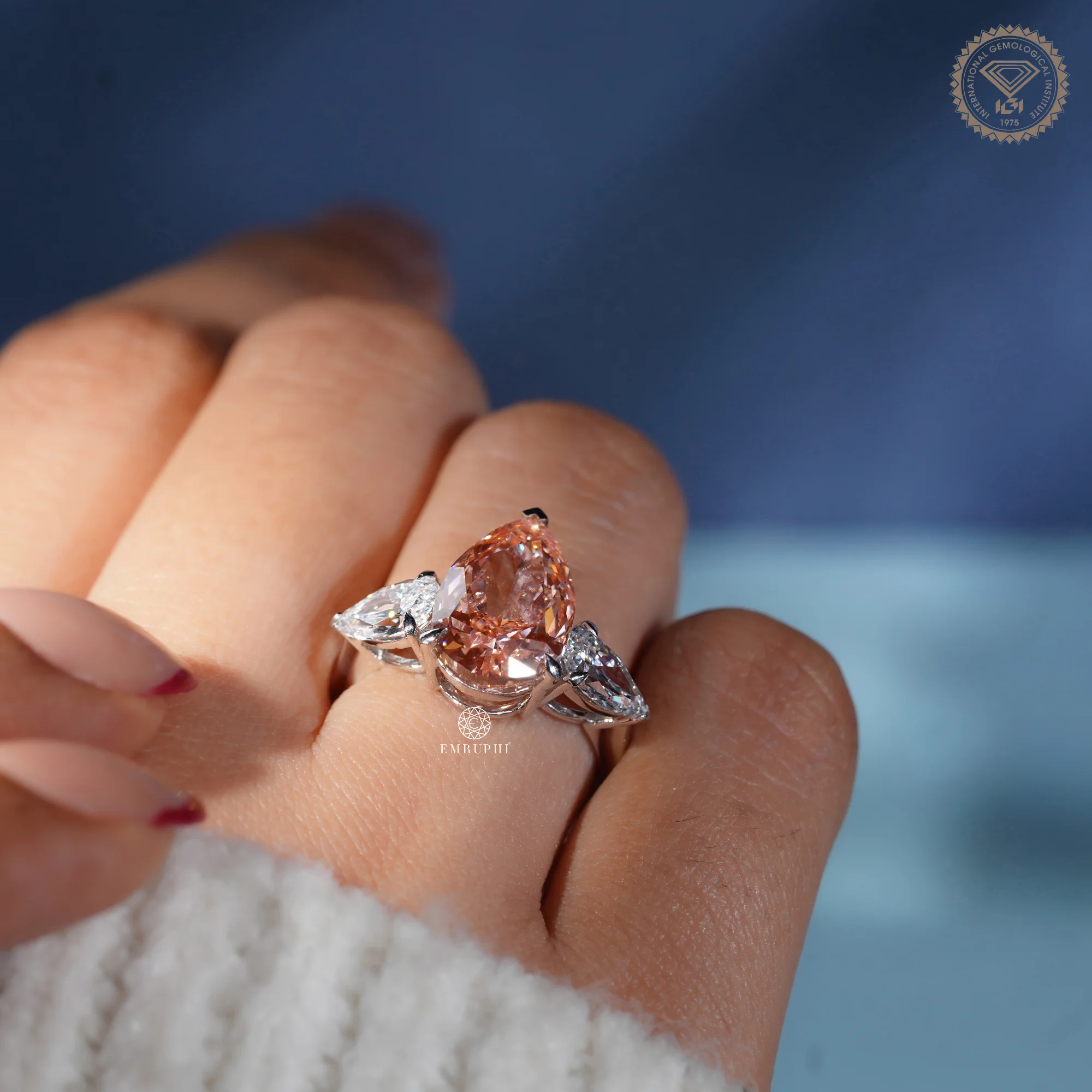 Vivid Pink Pear Cut Lab Grown Diamond Ring, 3 Stone Engagement Ring, IGI Certified Lab Diamond — view 6