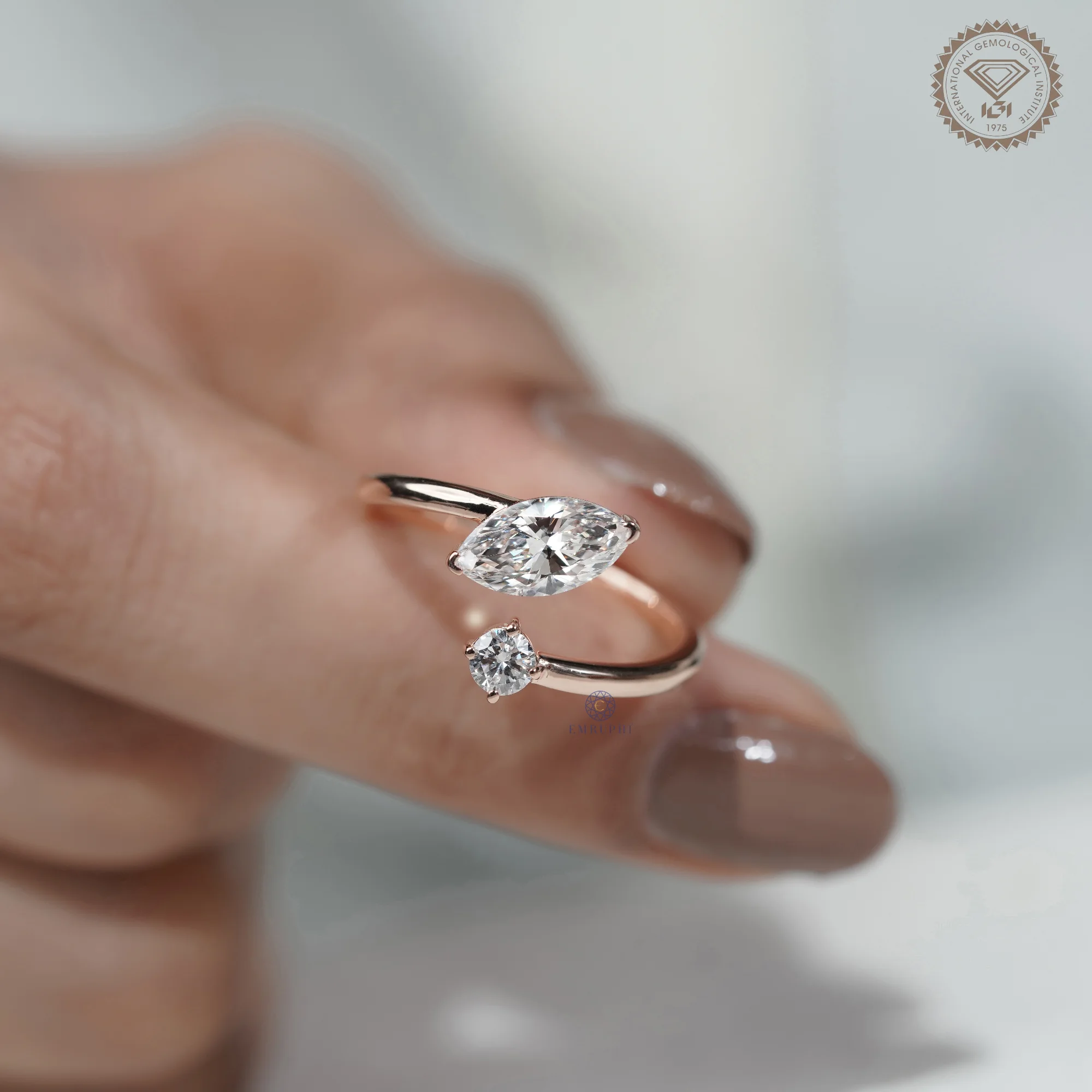 Marquise & Round Lab Grown Diamond Toi et Moi Ring, Open Wrap Engagement Ring, 14K Rose Gold Minimalist Bridal Ring — view 15