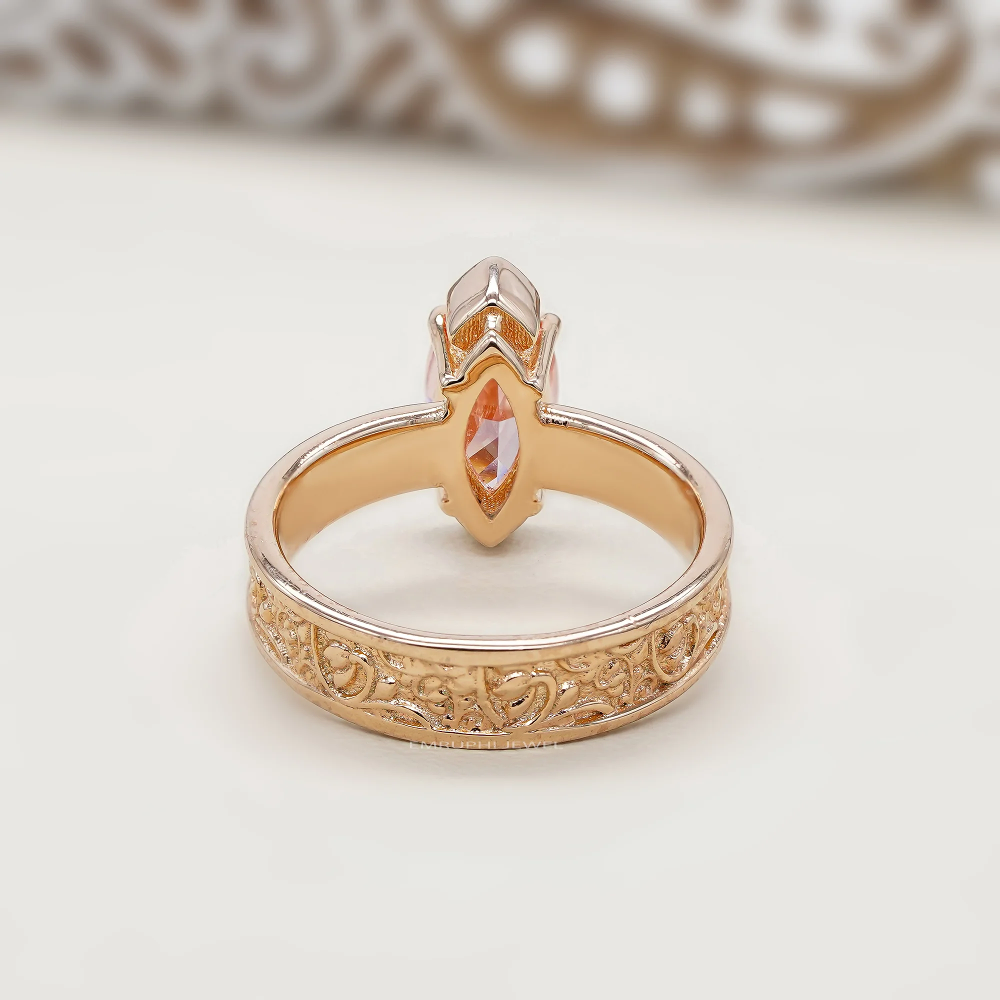 14K Gold Marquise Pink Lab Diamond Ring, 2.00 CT Vintage Engagement Ring, IGI Certified — view 4