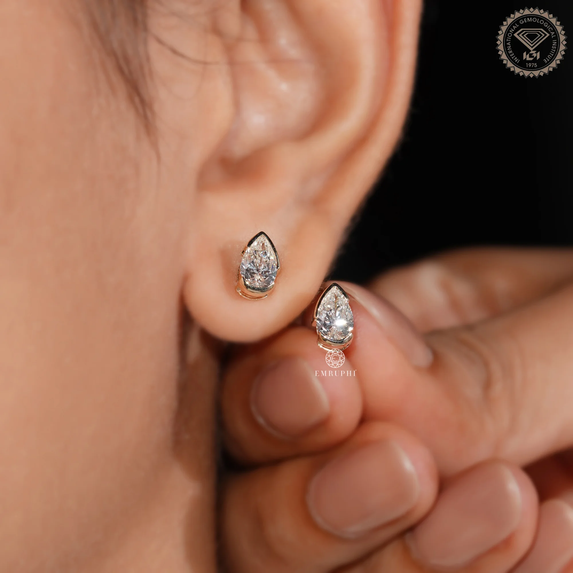 1.00 TCW Pear Shape Lab Grown Diamond Earrings, Half Bezel Set Stud — view 11