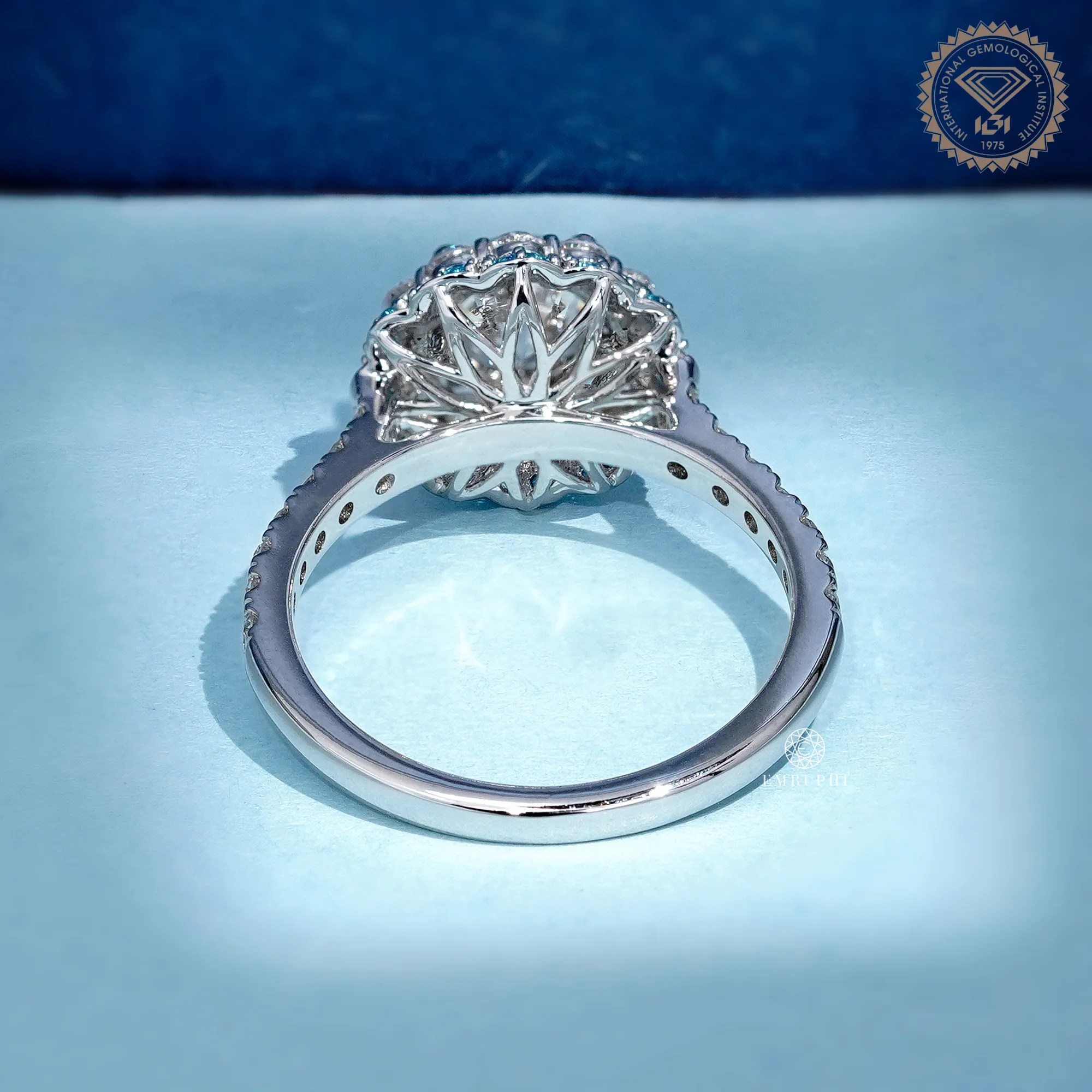 1.20 CT Round Diamond Halo Ring, Blue Diamond Floral Halo Engagement Ring, IGI Certified Diamond — view 4