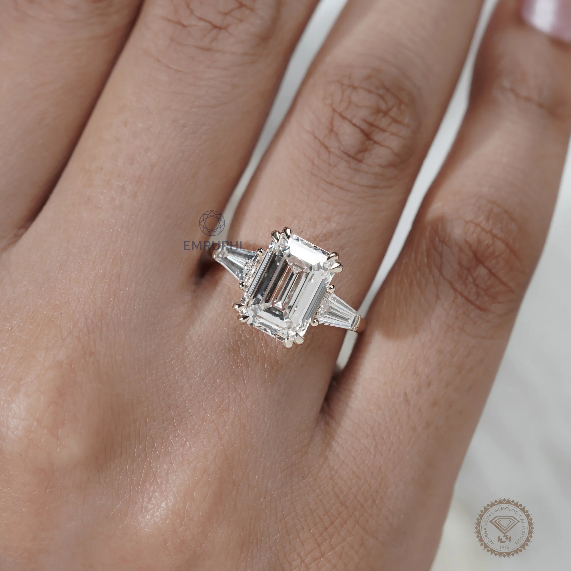 5 Carat Emerald Cut Lab Grown Diamond Engagement Ring , Trapezoid Side Stones — view 12
