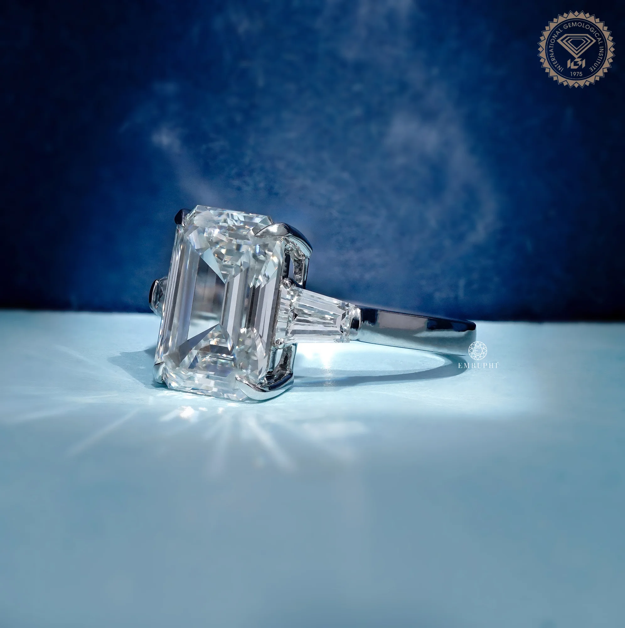 5.5 CT Emerald Cut Lab Diamond Ring with Tapered Baguette Side Stones, IGI Certified Diamond — view 2