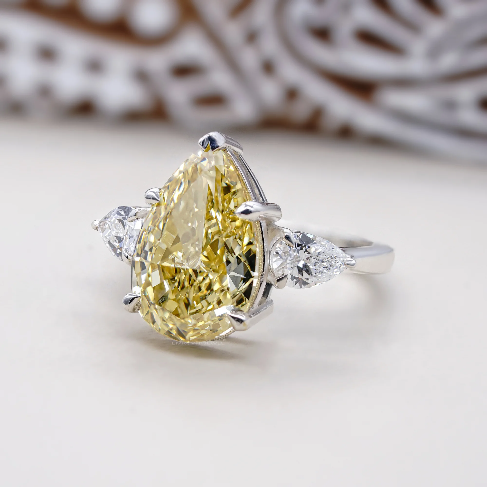 4 CT Lab Grown Yellow Pear Cut Diamond Ring With Side Stones, Three-Stone Wedding Ring — view 2