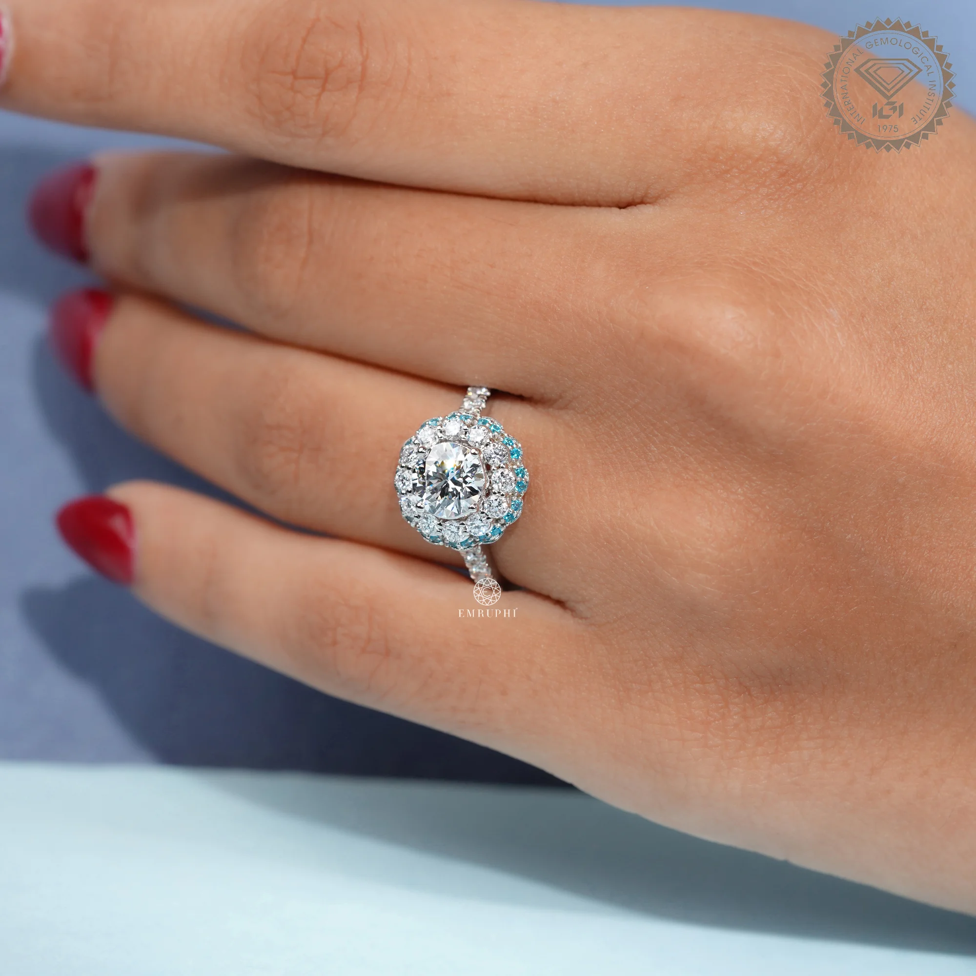 1.20 CT Round Diamond Halo Ring, Blue Diamond Floral Halo Engagement Ring, IGI Certified Diamond — view 6
