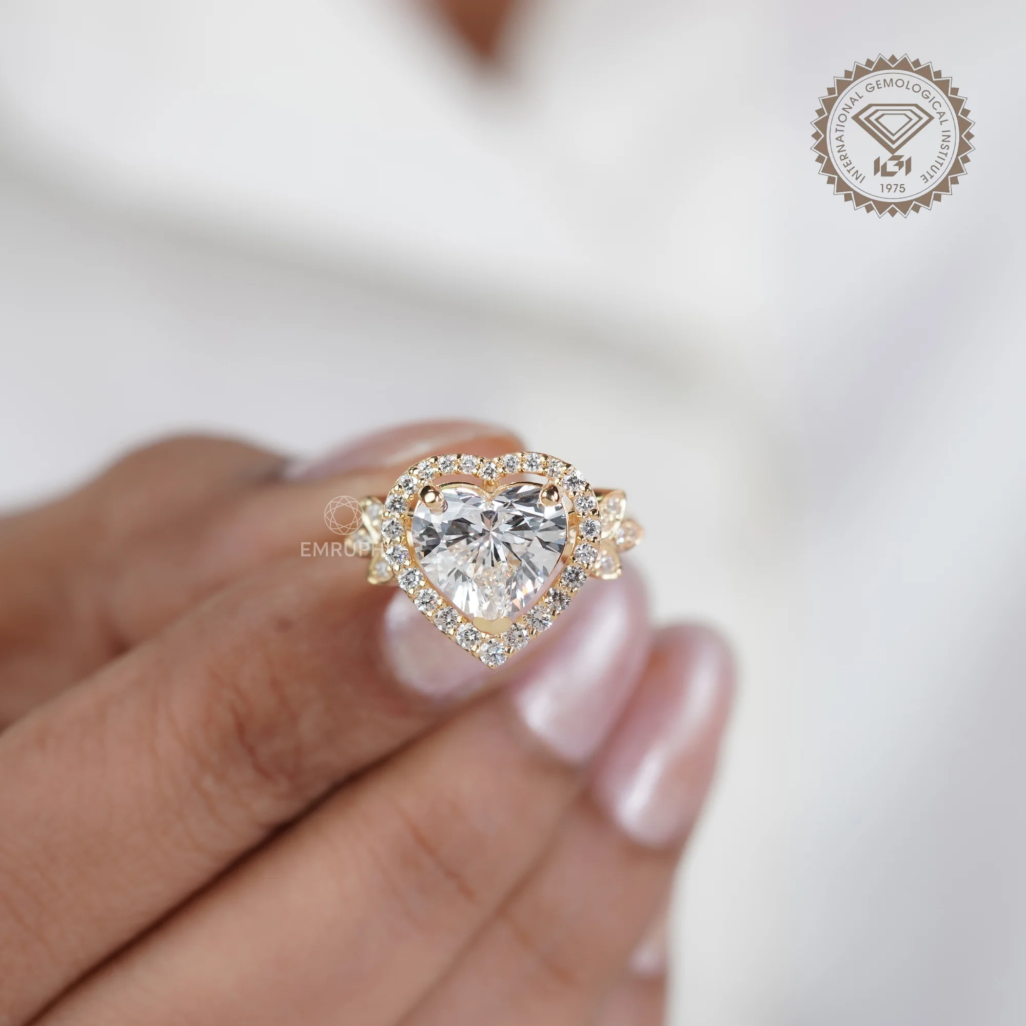 Heart Cut Halo Lab Grown Diamond Ring with Floral Side Accents, Romantic Heart Engagement Ring — view 5