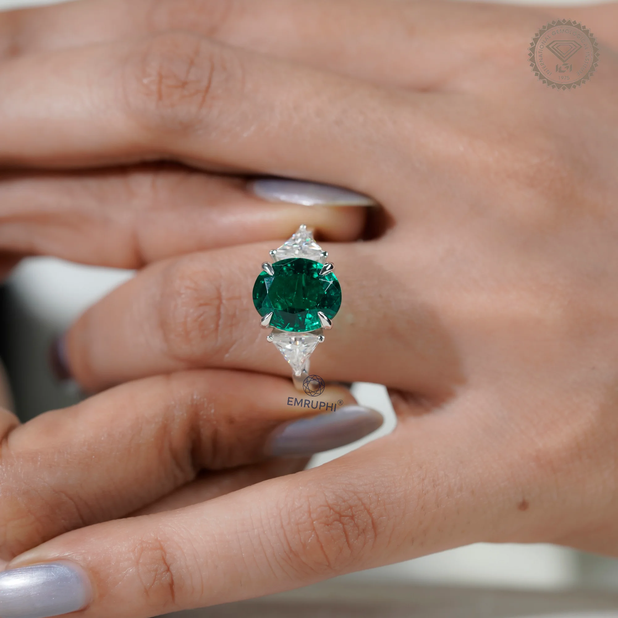 4.5 CT Oval Green Lab Grown Diamond Ring, Trillion Moissanite Sides — view 7
