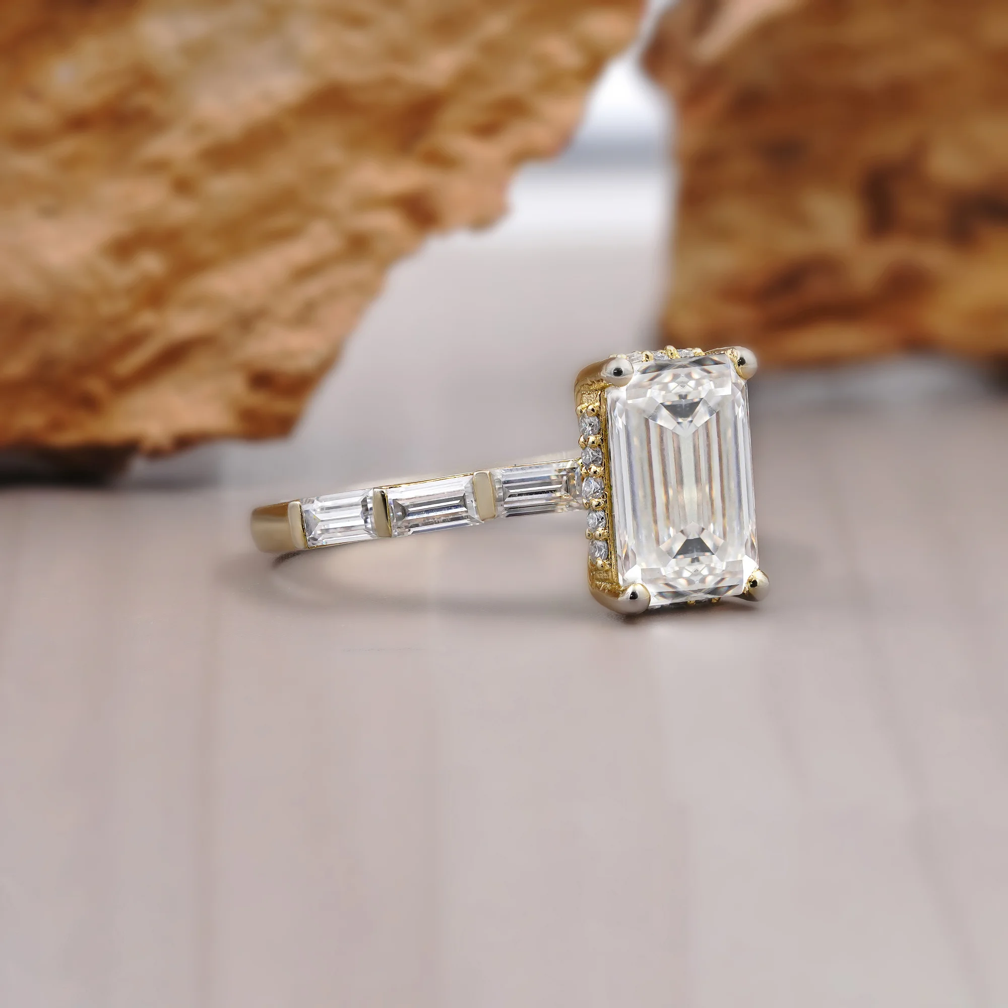 3 CT Emerald Cut Hidden Halo Ring with baguette flush set band — view 3