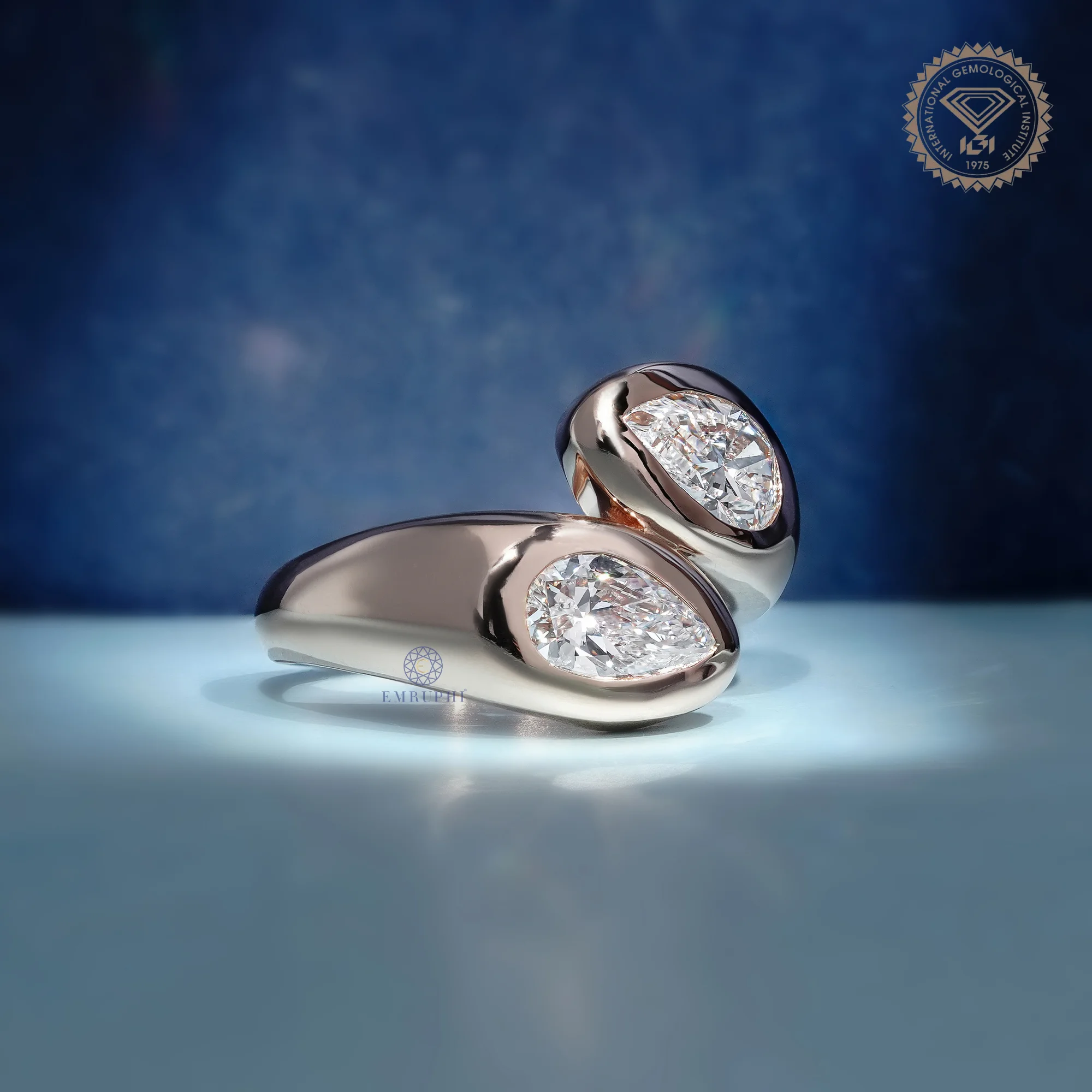 Pear Shape Bezel Lab Grown Diamond Toi et Moi Ring, Modern Open Wrap Engagement Ring, 14K Rose Gold Statement Ring — view 3