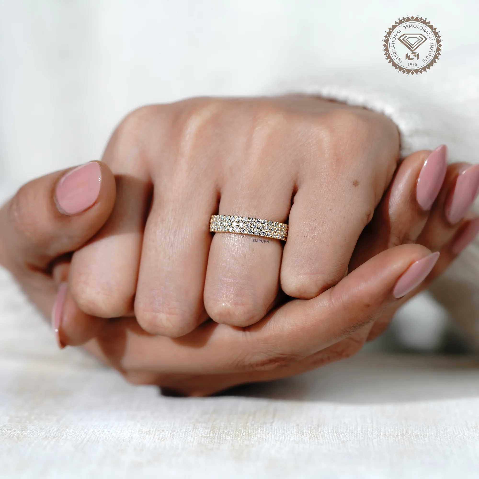 Three Row Lab Diamond Full Eternity Band, Stackable Gold Wedding Ring — view 10