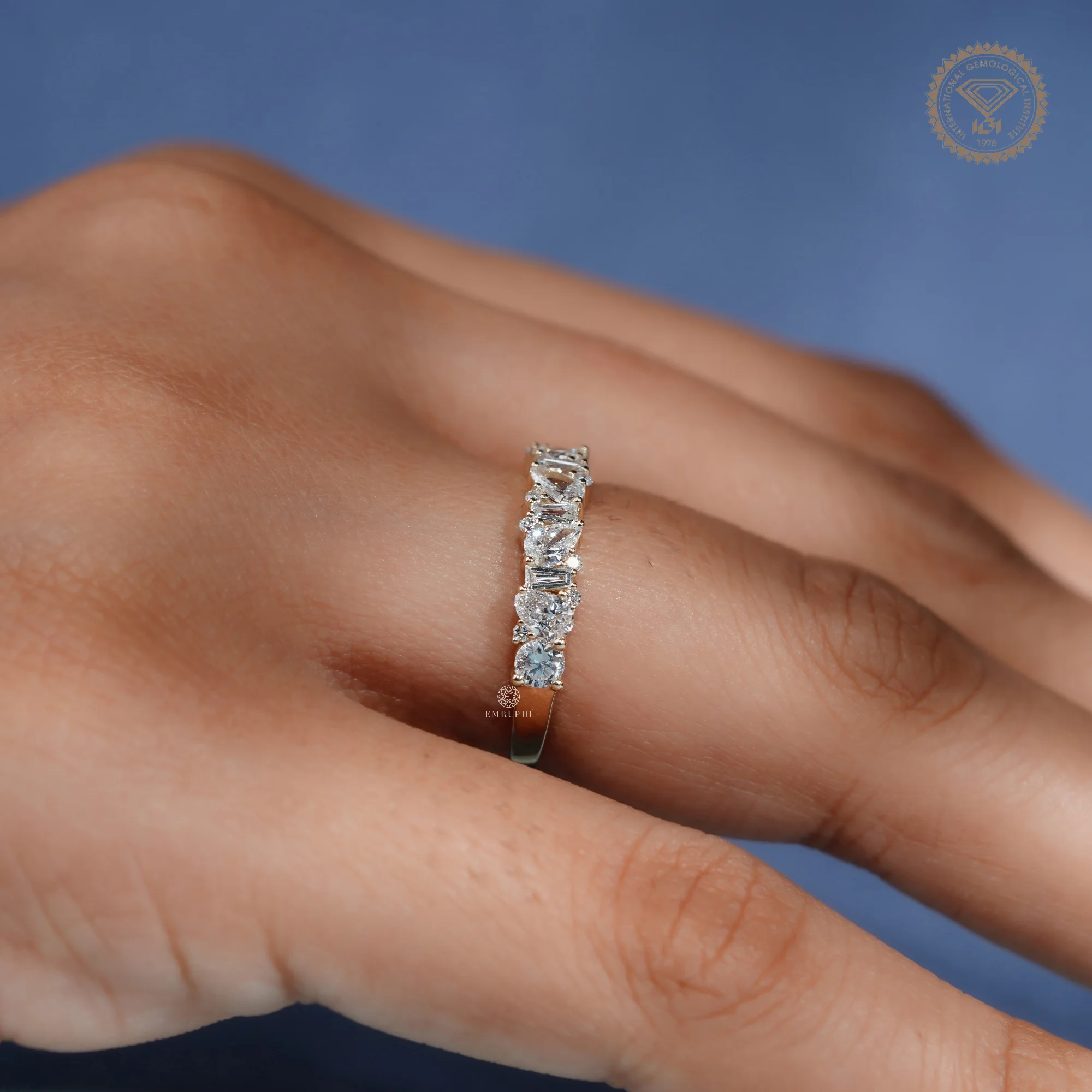 Pear and Baguette Lab Grown Diamond Wedding Band, Mixed Shape Diamond Half Eternity Ring — view 8