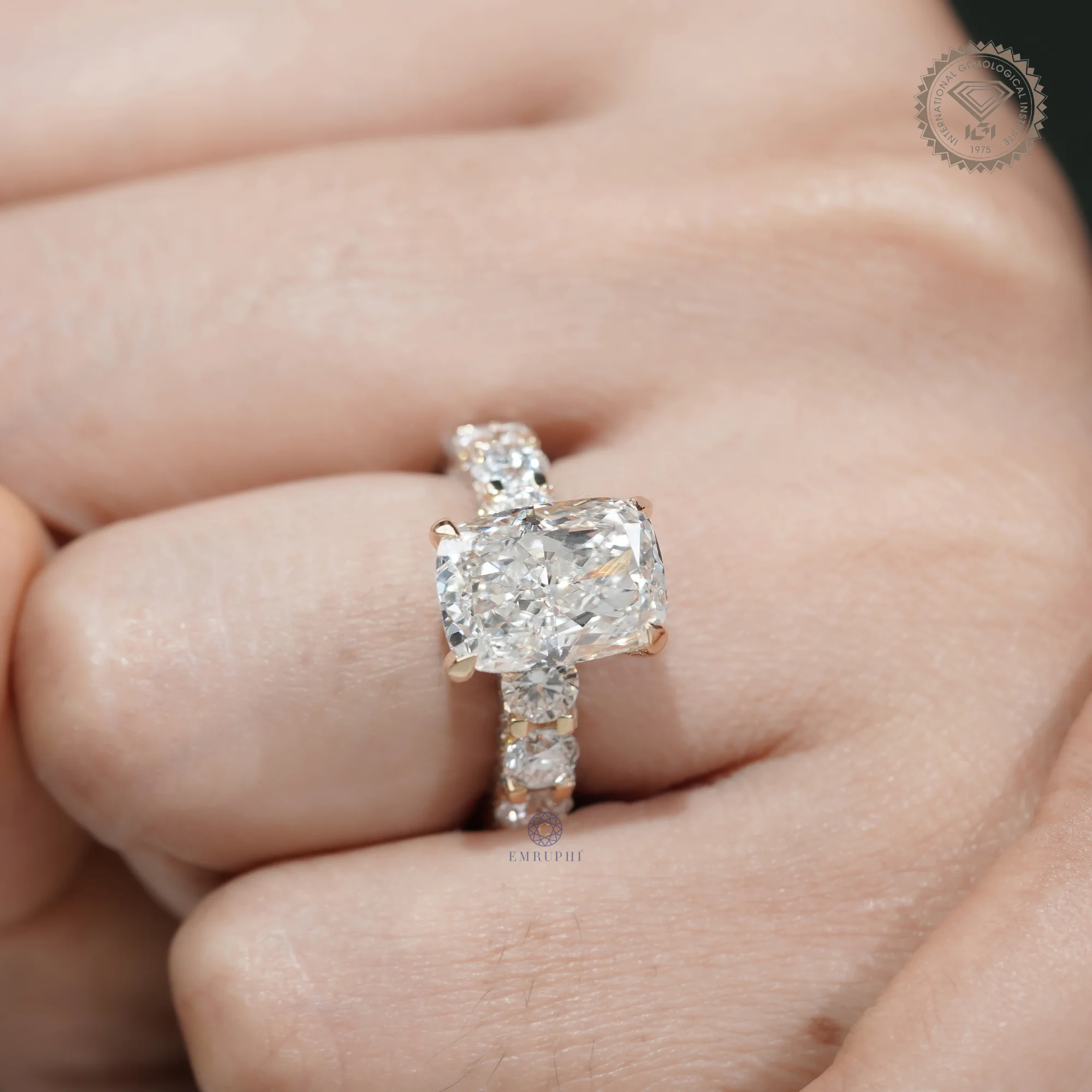 5 CT Cushion Cut Lab Grown Diamond Engagement Ring, Round Diamond Band Ring, 14K Gold Bridal Ring — view 15
