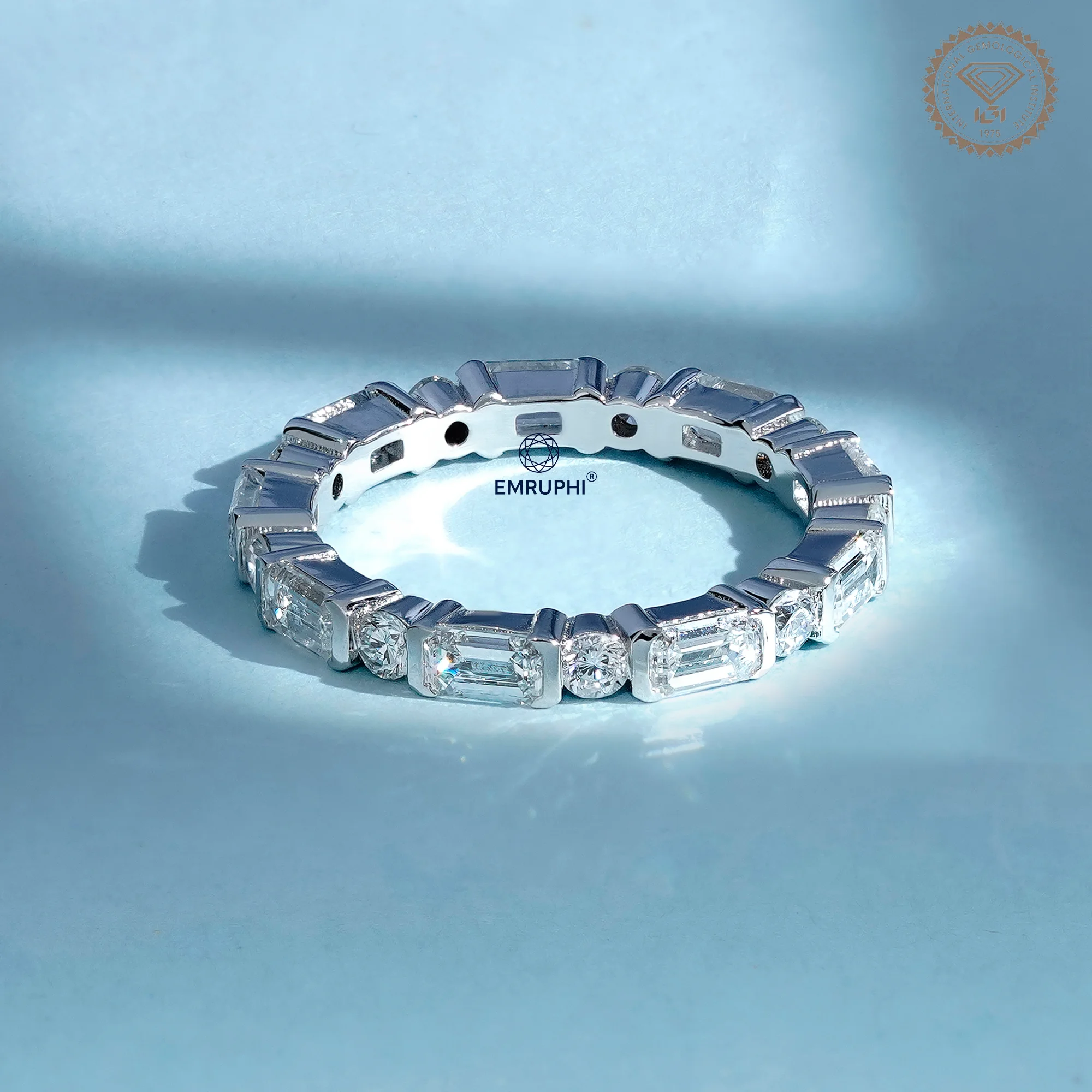 Emerald and Round Lab Grown Diamond Alternating Band, Dainty Wedding Ring — view 4