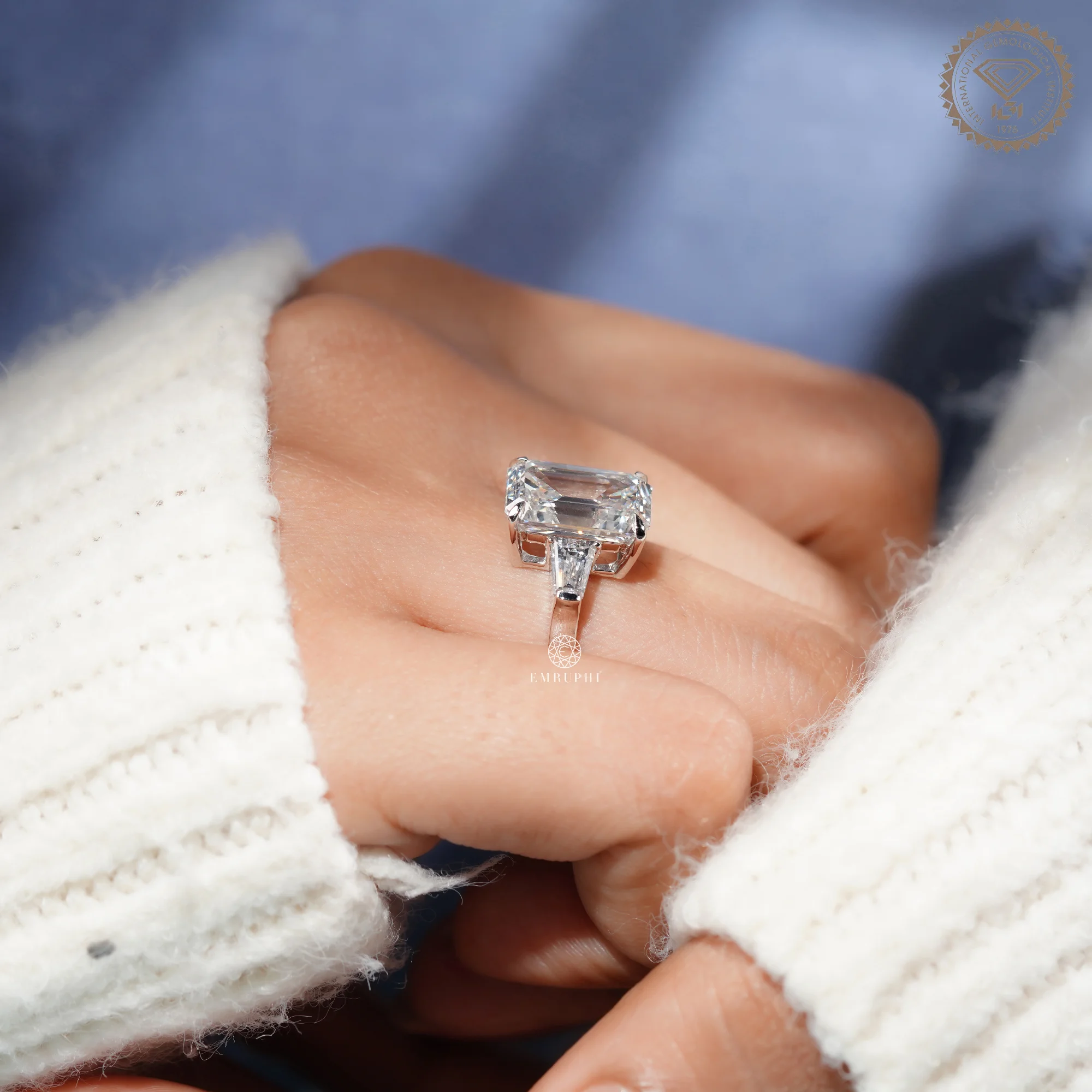 5.5 CT Emerald Cut Lab Diamond Ring with Tapered Baguette Side Stones, IGI Certified Diamond — view 10