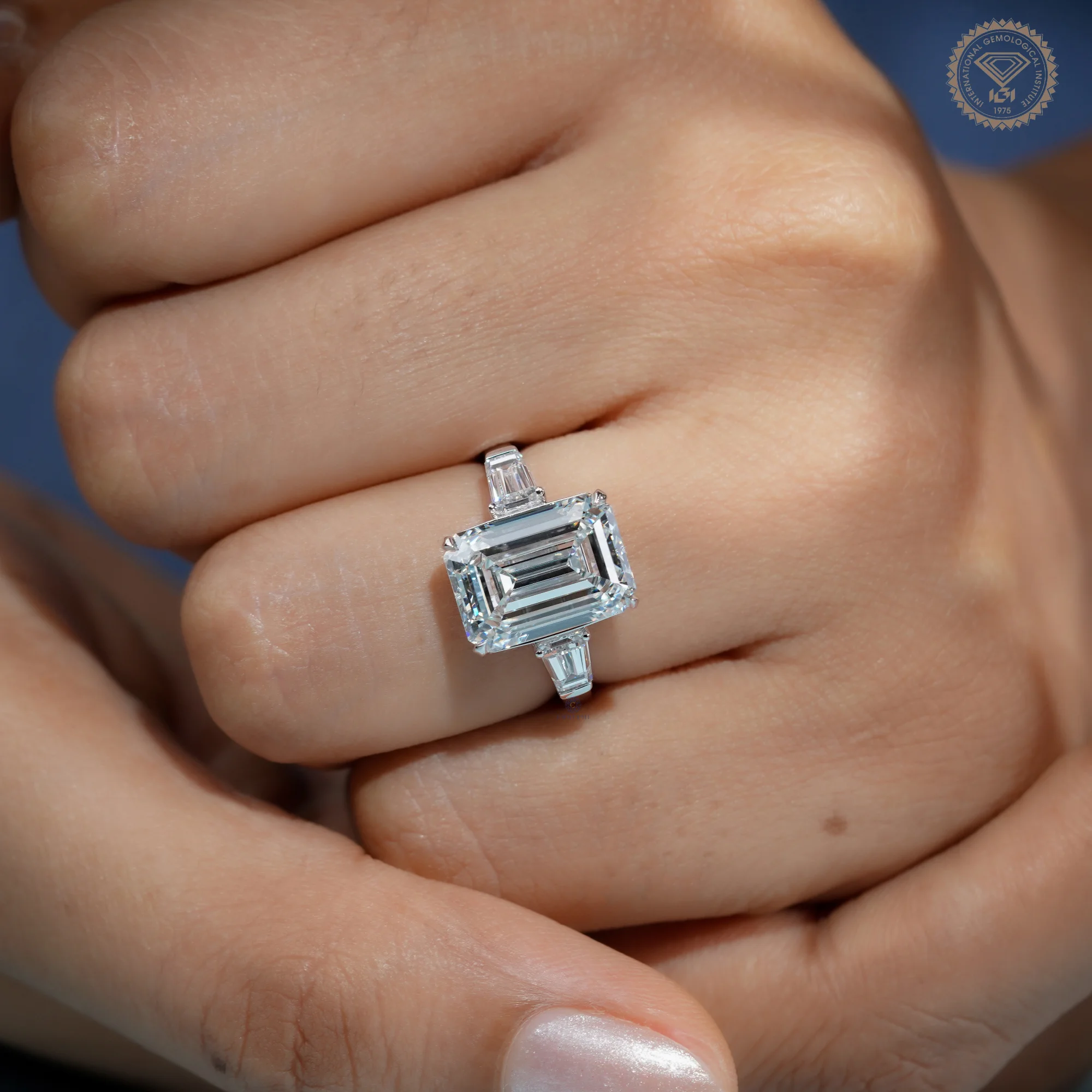 6 CT Emerald Cut Lab Grown Diamond Ring, Tapered Baguette Three Stone Engagement Ring, IGI Certified — view 10