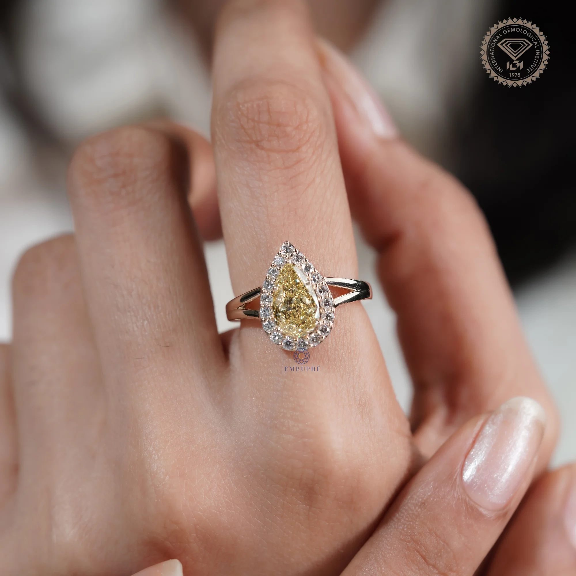 2.00 CT Pear Cut Yellow Lab Grown Diamond Halo Ring, Fancy Yellow Diamond Engagement Ring — view 12