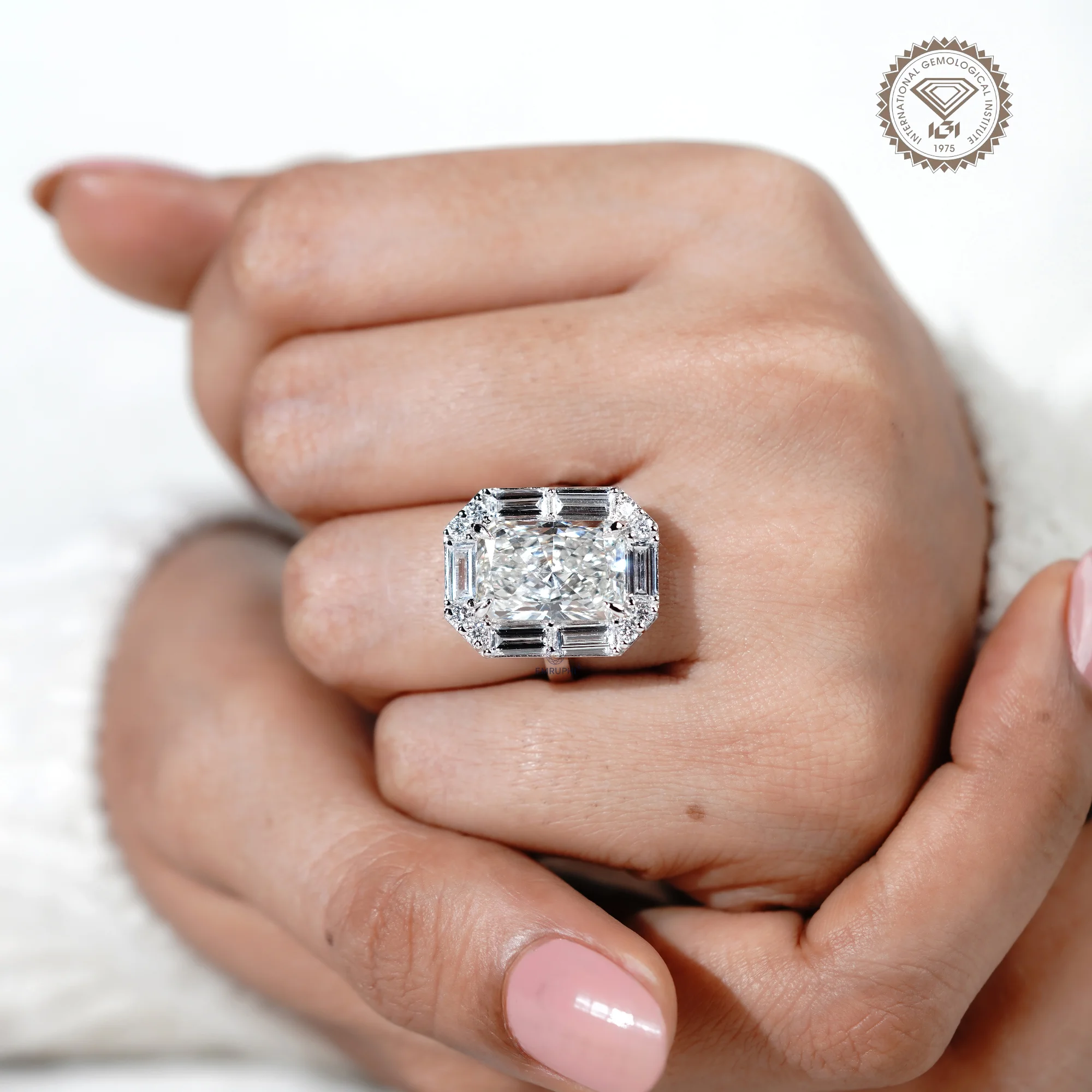 Radiant Cut Lab Grown Halo Diamond Ring, Baguette Diamond Halo Wedding Ring, Conflict Free Diamond — view 7