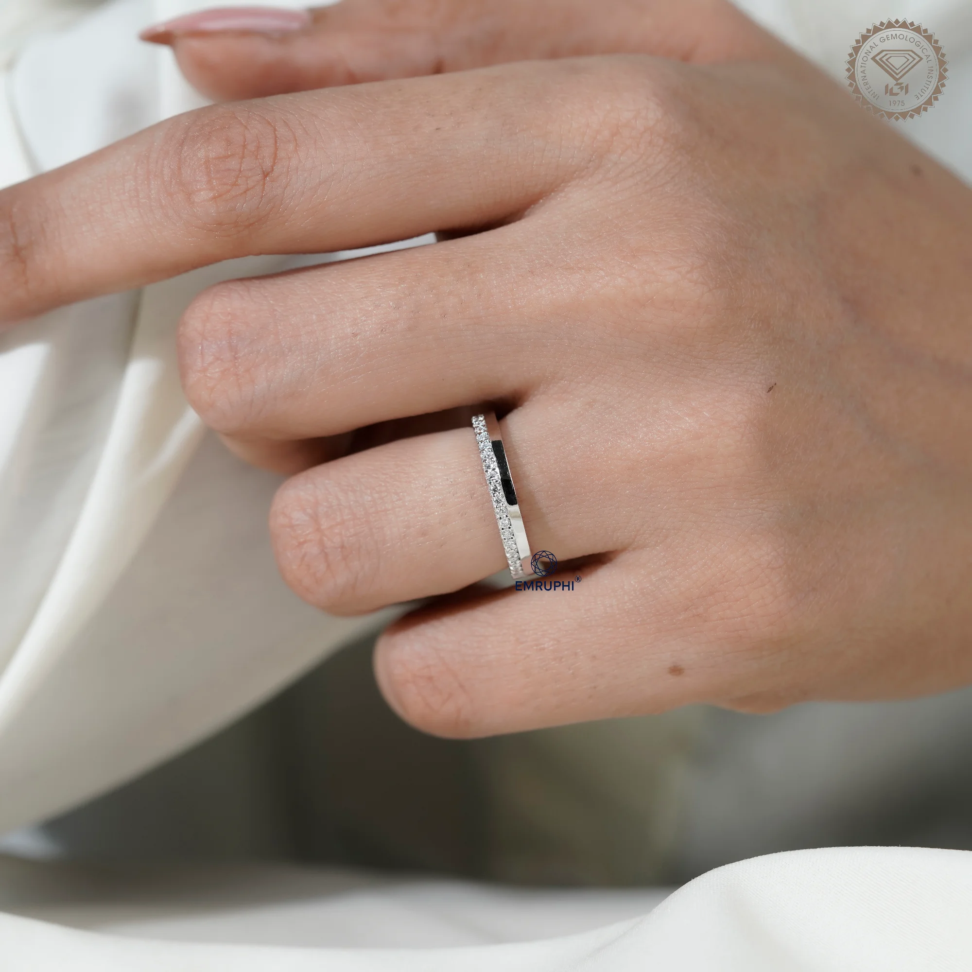 3 MM Pave Set Lab Diamond Wedding Band, Half Diamond Half Plain Band, Anniversary Gift — view 14